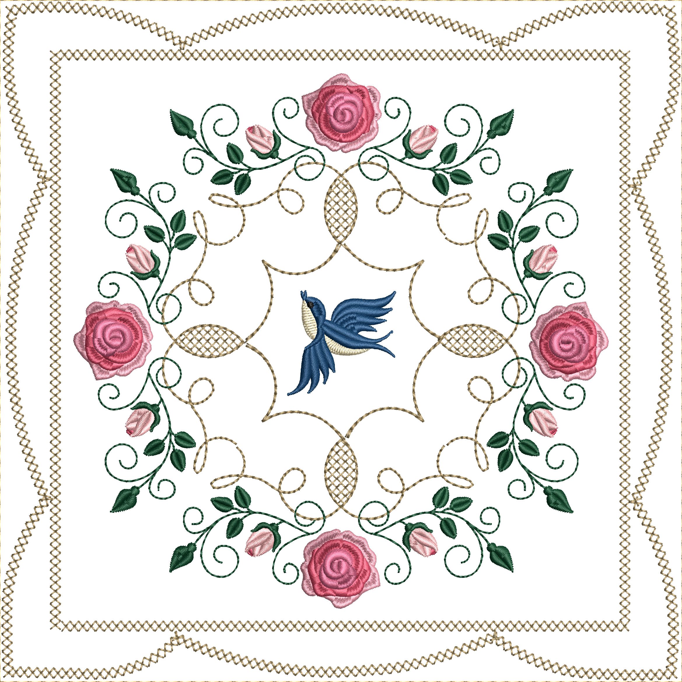Bluebirds and Roses Quilt Blocks 8x8-6