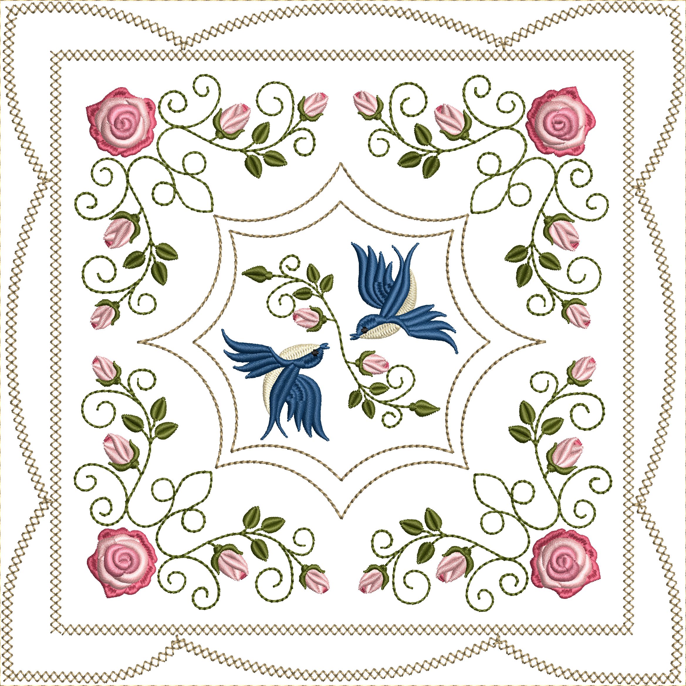 Bluebirds and Roses Quilt Blocks 8x8-8