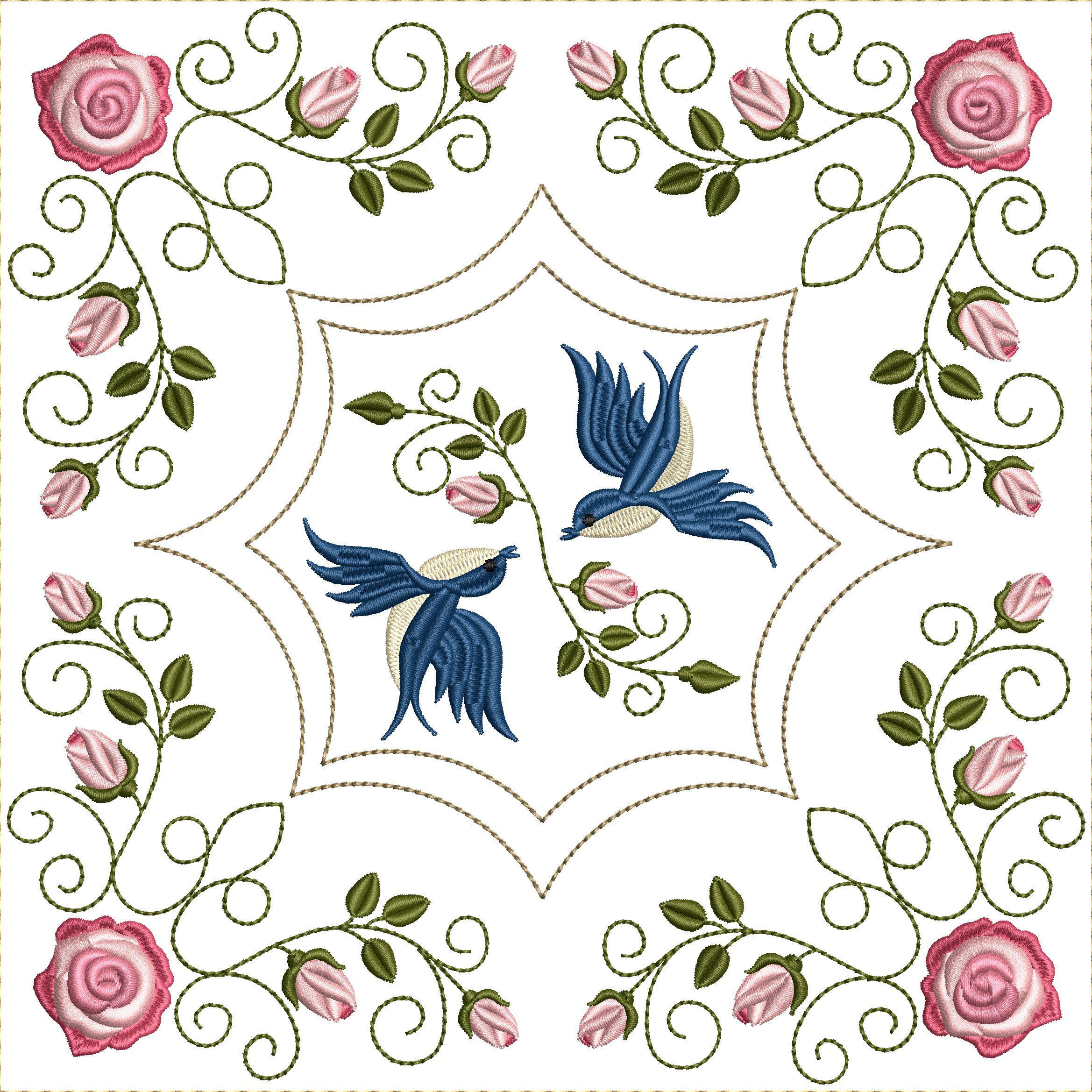 Bluebirds and Roses Quilt Blocks 8x8-9