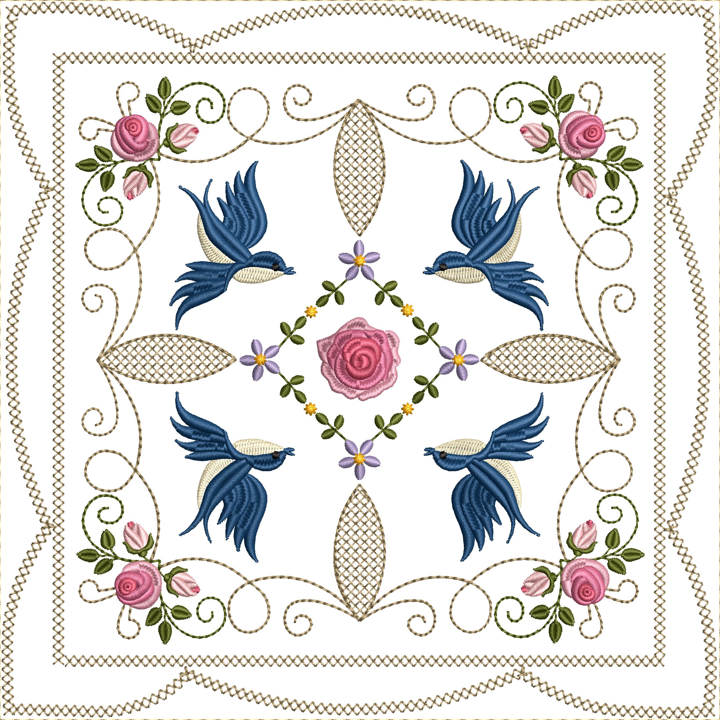 Bluebirds and Roses Quilt Blocks 8x8-10