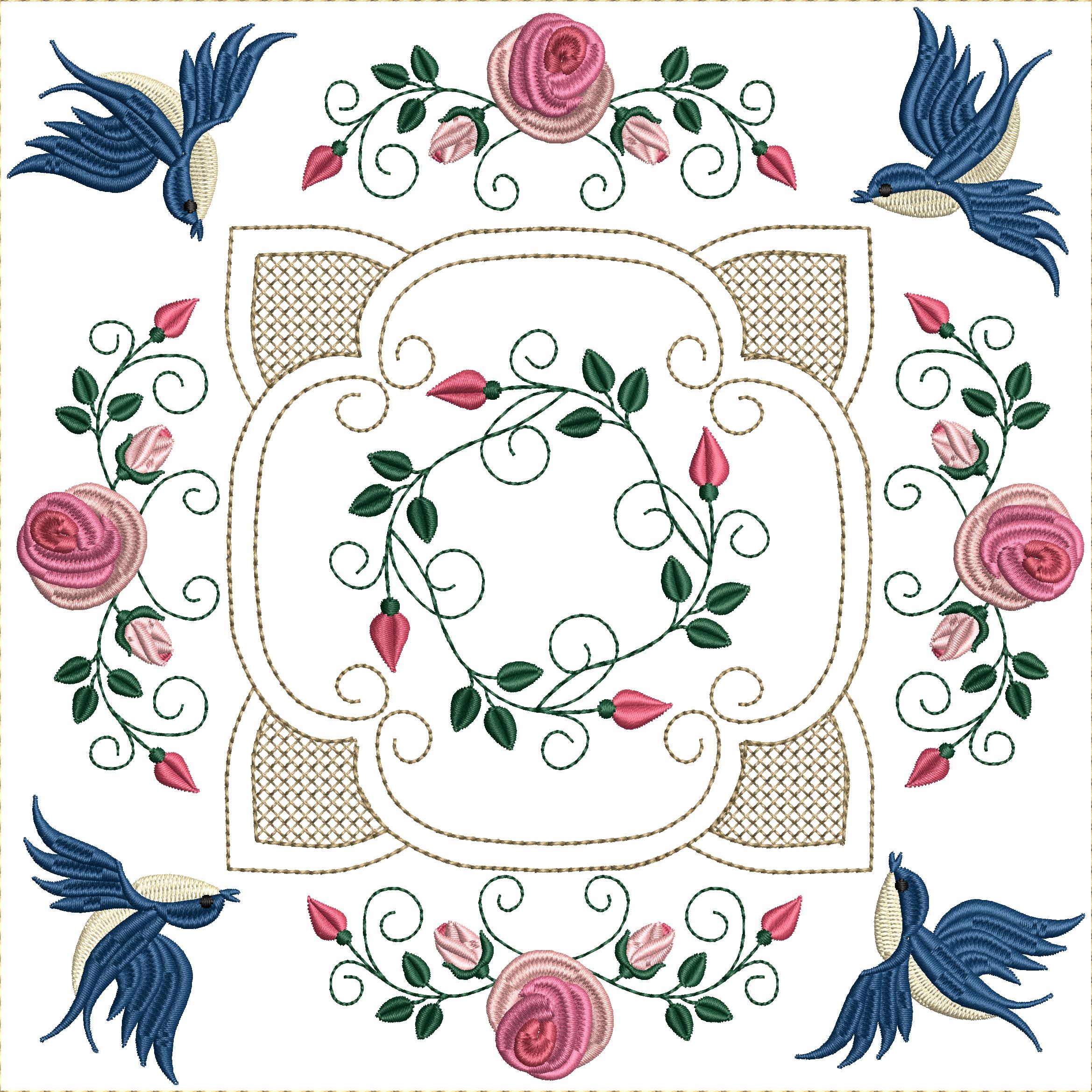 Bluebirds and Roses Quilt Blocks 8x8-13