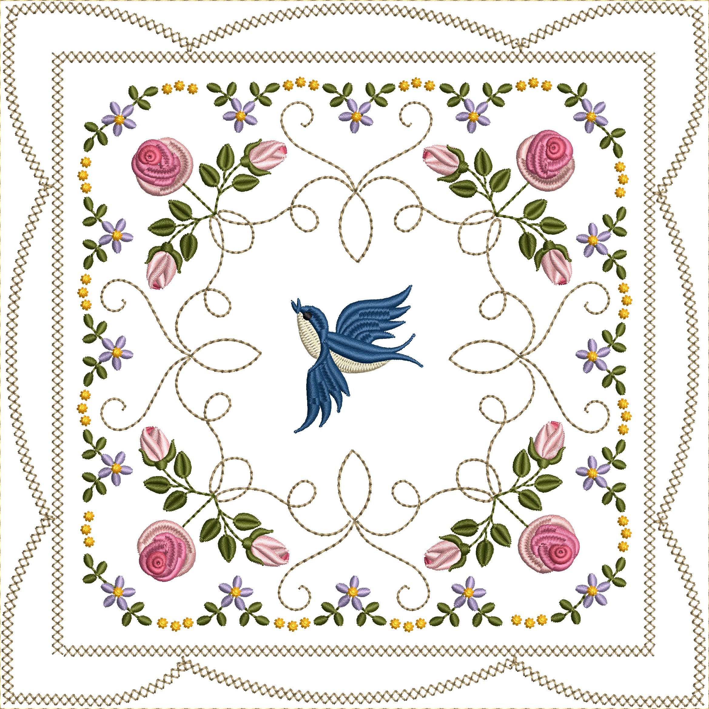Bluebirds and Roses Quilt Blocks 8x8-16