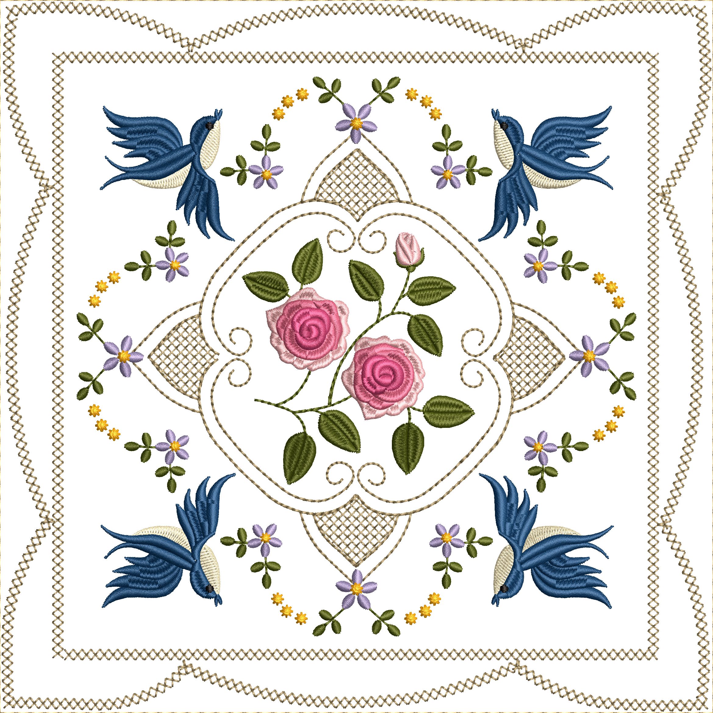 Bluebirds and Roses Quilt Blocks 8x8-18