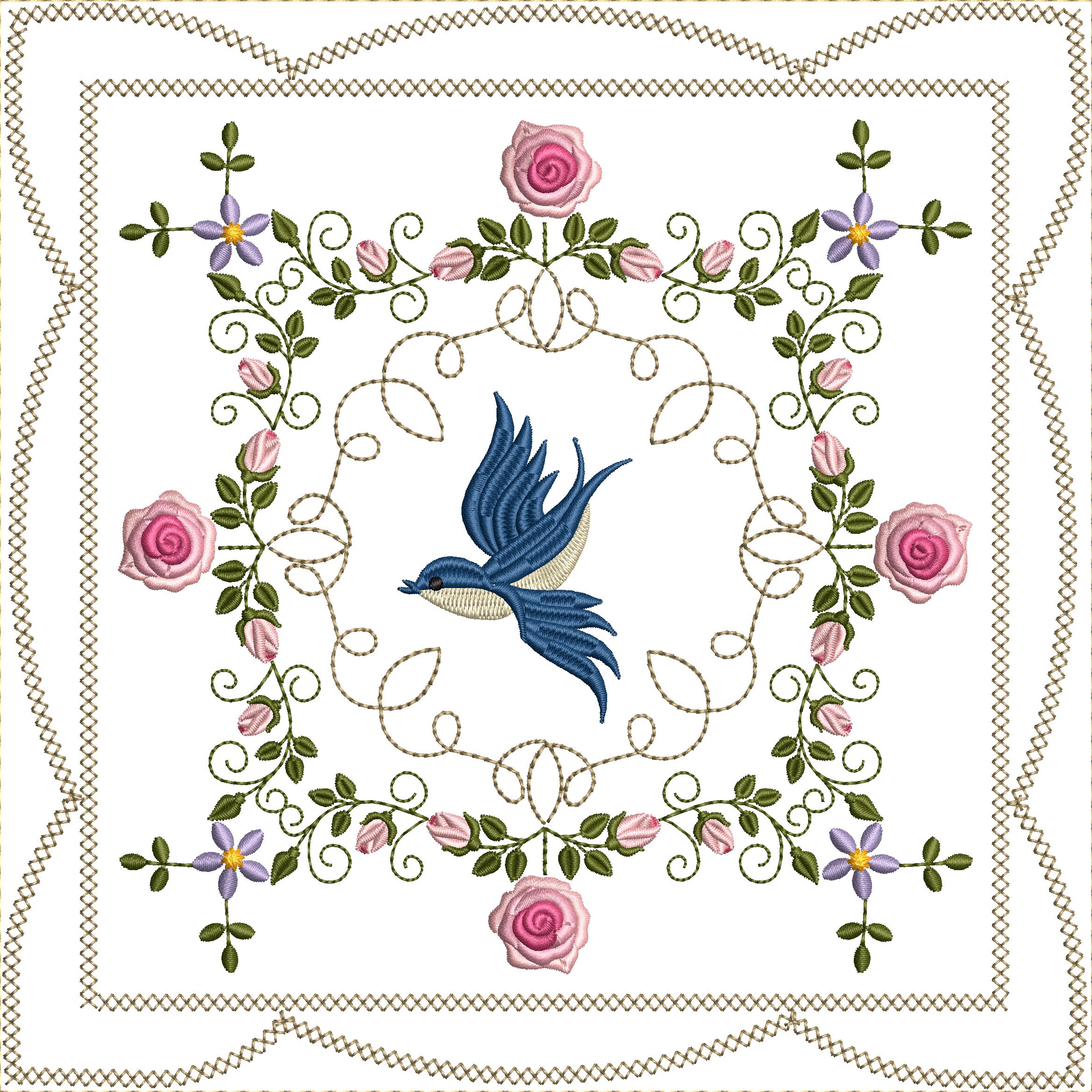 Bluebirds and Roses Quilt Blocks 8x8-20