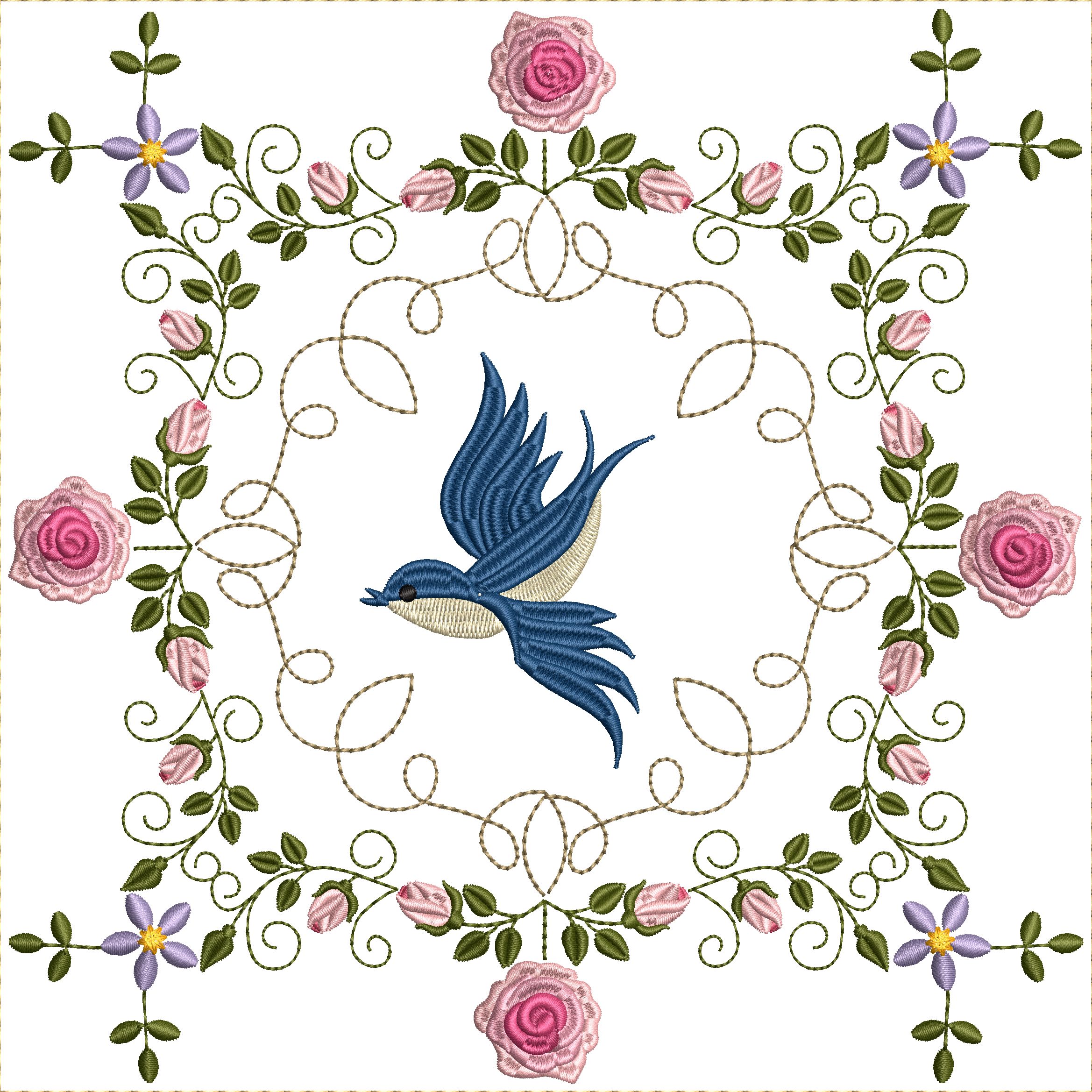 Bluebirds and Roses Quilt Blocks 8x8-21