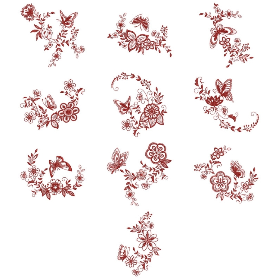 Redwork Floral Butterflies 2
