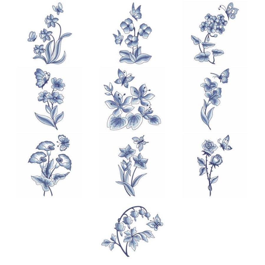 Blue Jacobean Floral Butterfly 