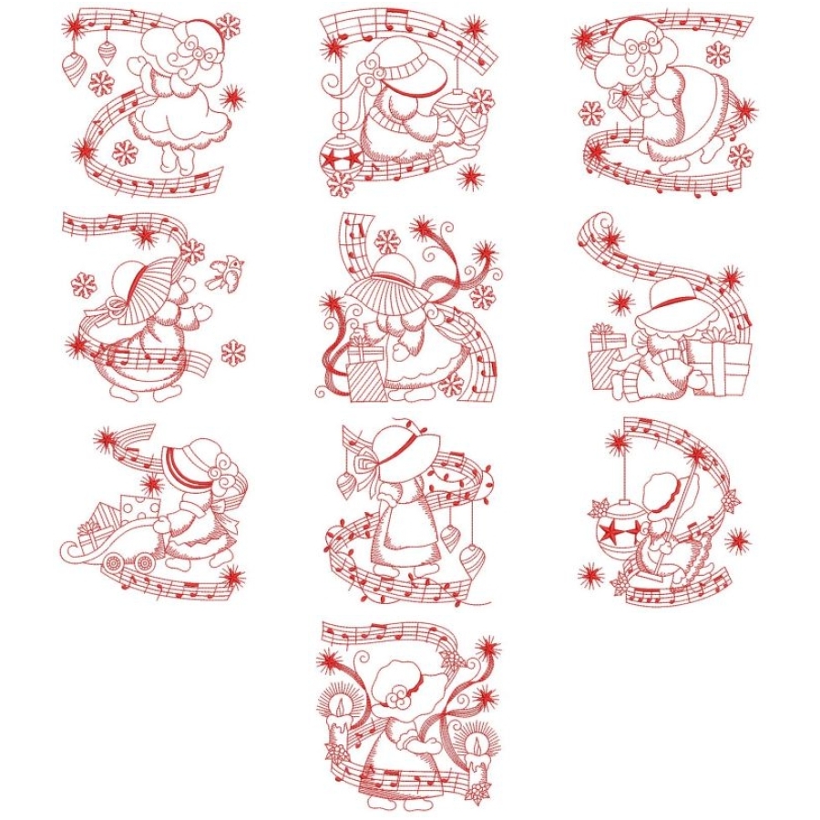 Redwork Christmas Sunbonnets 2 