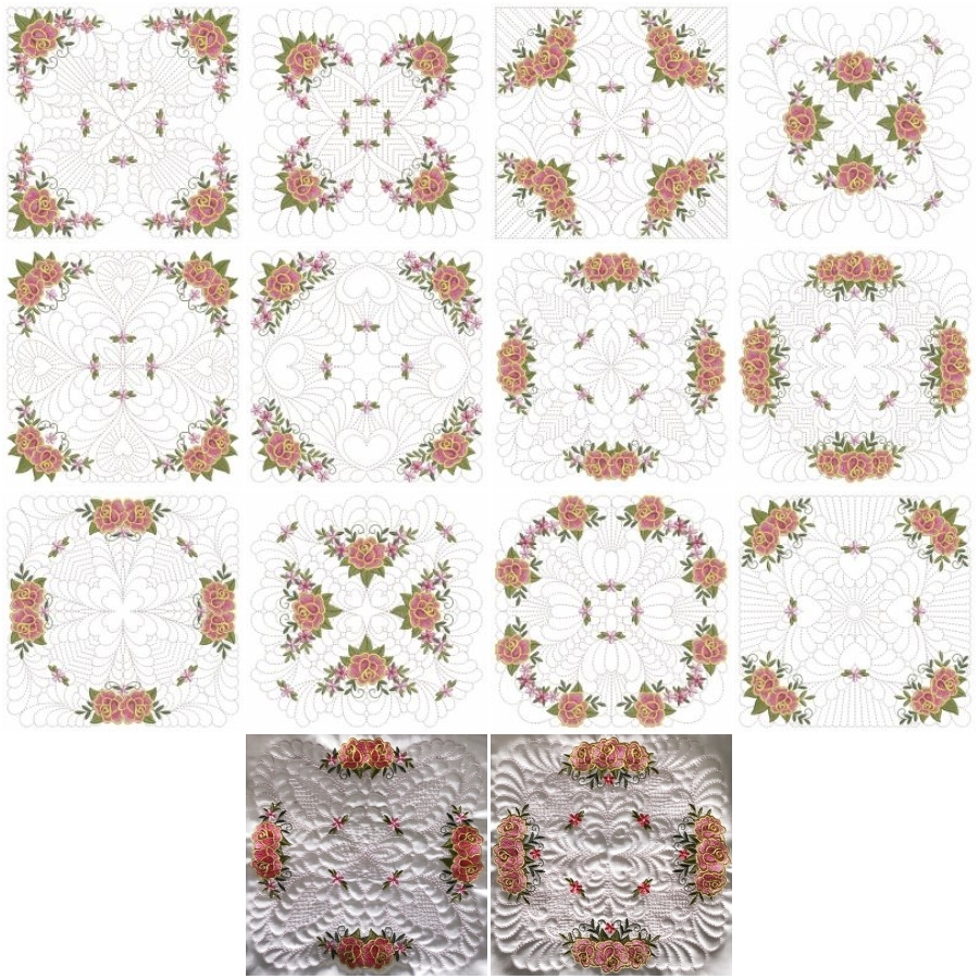 Trapunto Feather Rose Quilt 