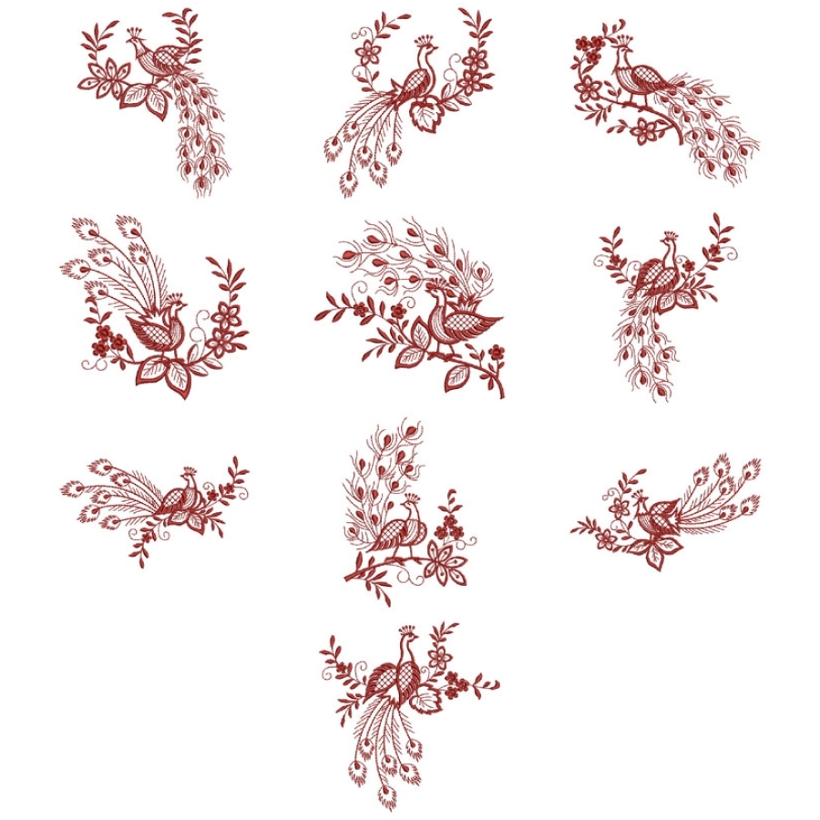 Redwork Peacocks