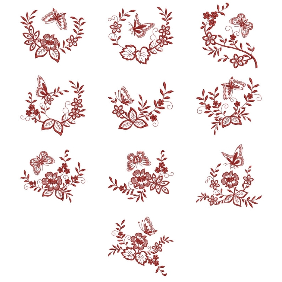 Redwork Floral Butterflies