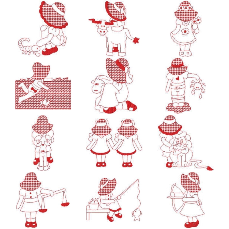 Bonnet Girls Redwork