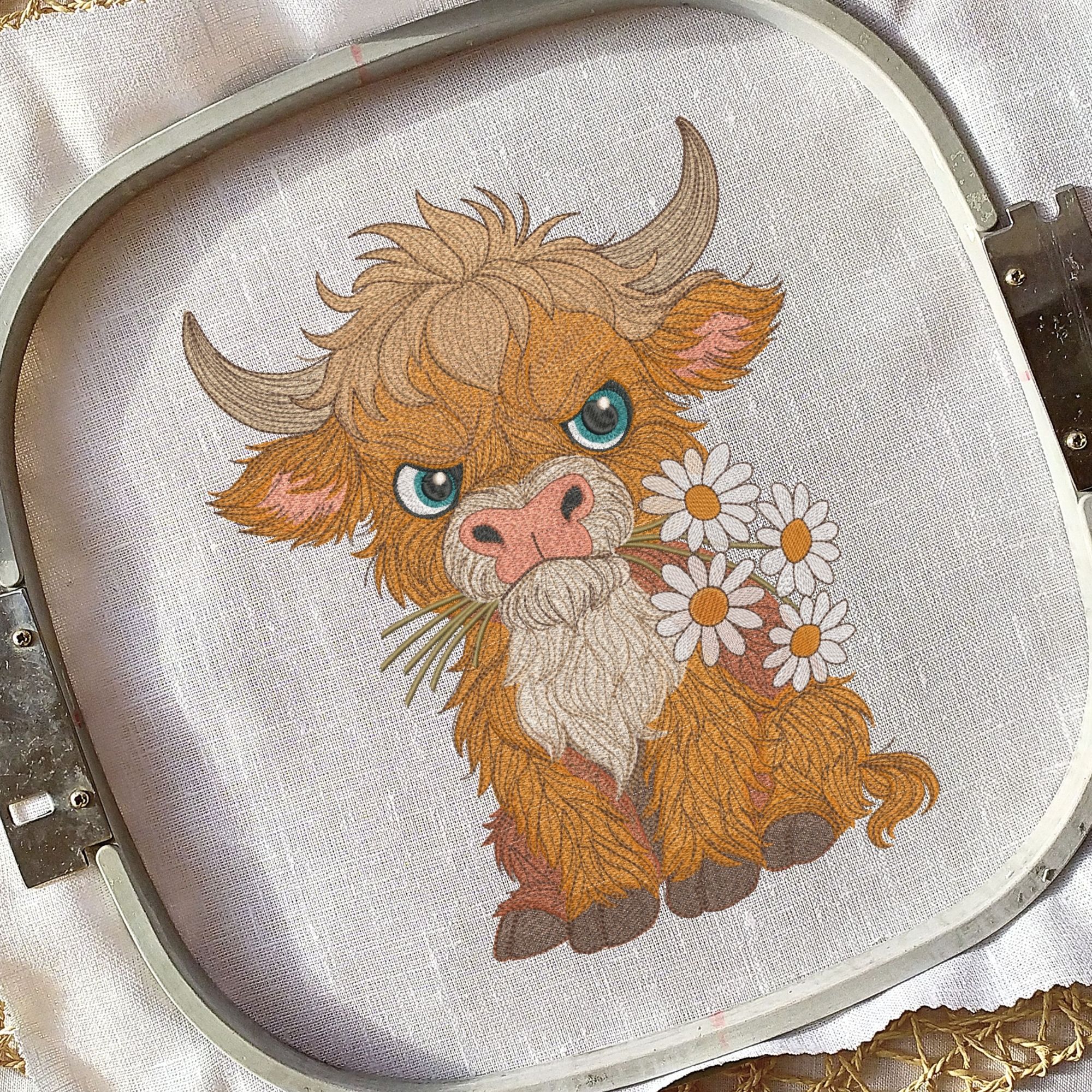 Grumpy Fluffy Highland Cow with Daisies-6