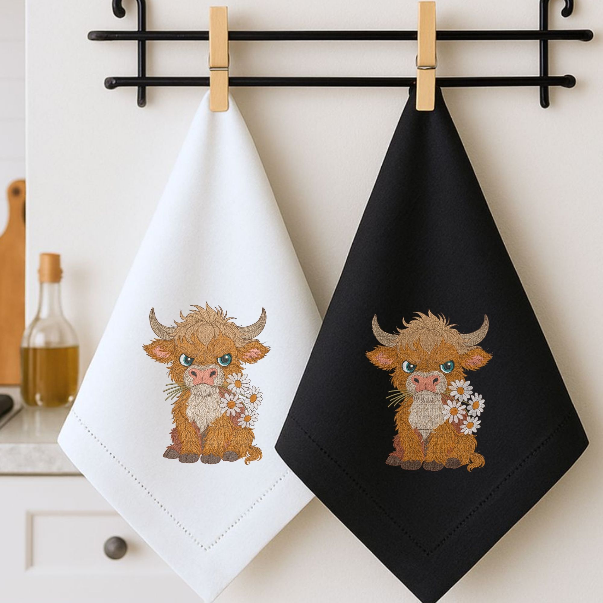 Grumpy Fluffy Highland Cow with Daisies-8