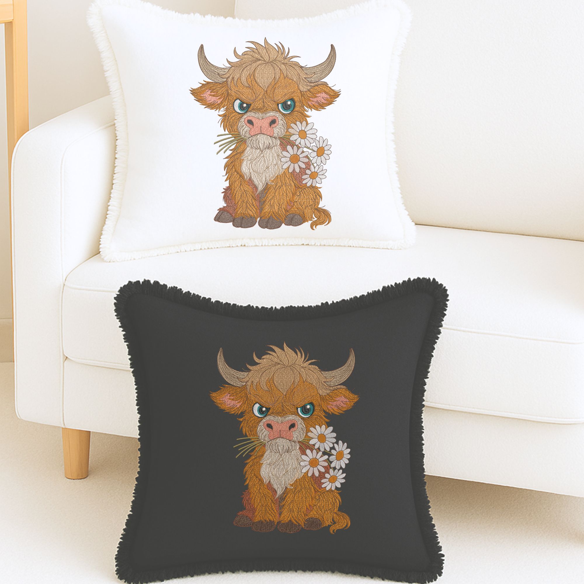Grumpy Fluffy Highland Cow with Daisies-9