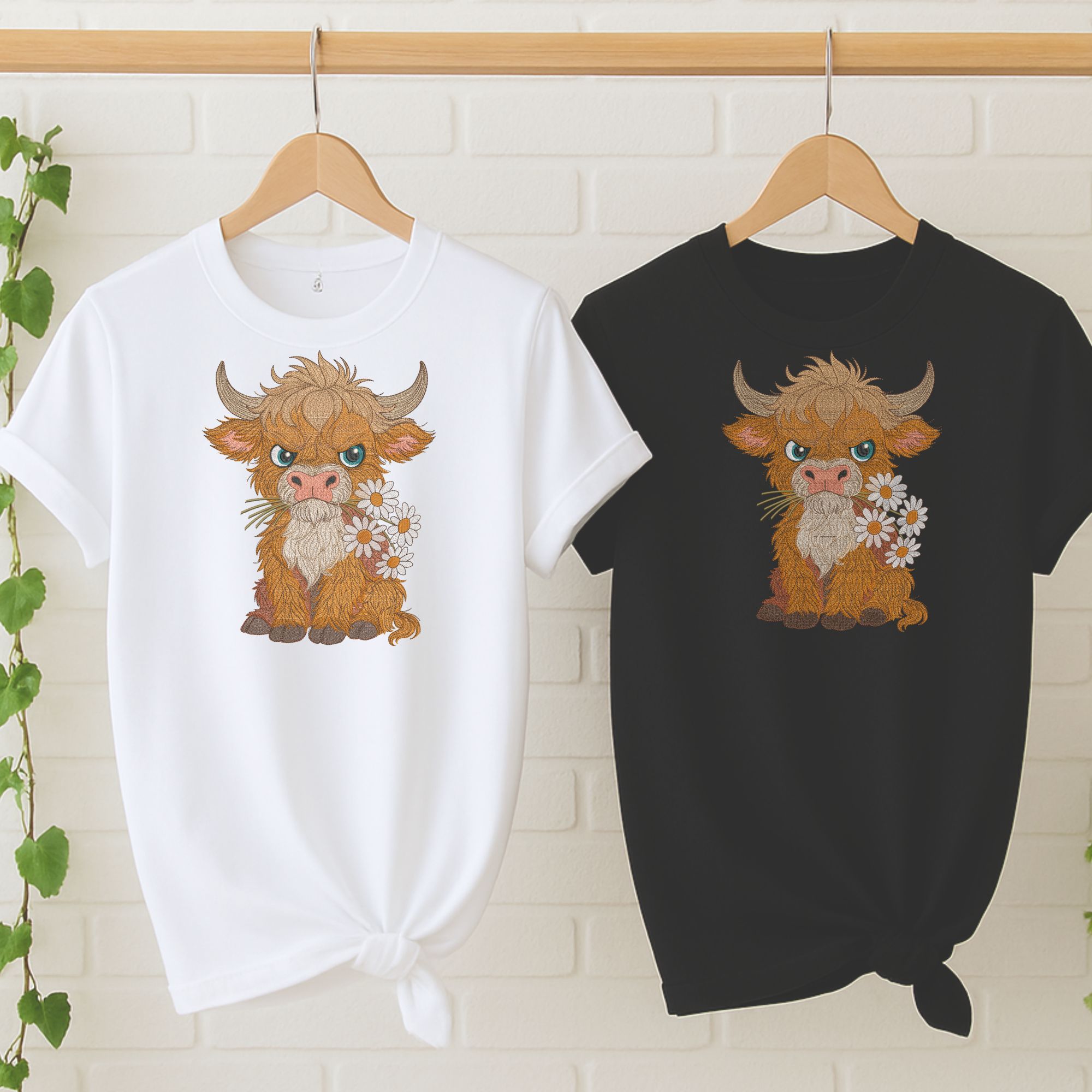 Grumpy Fluffy Highland Cow with Daisies-10