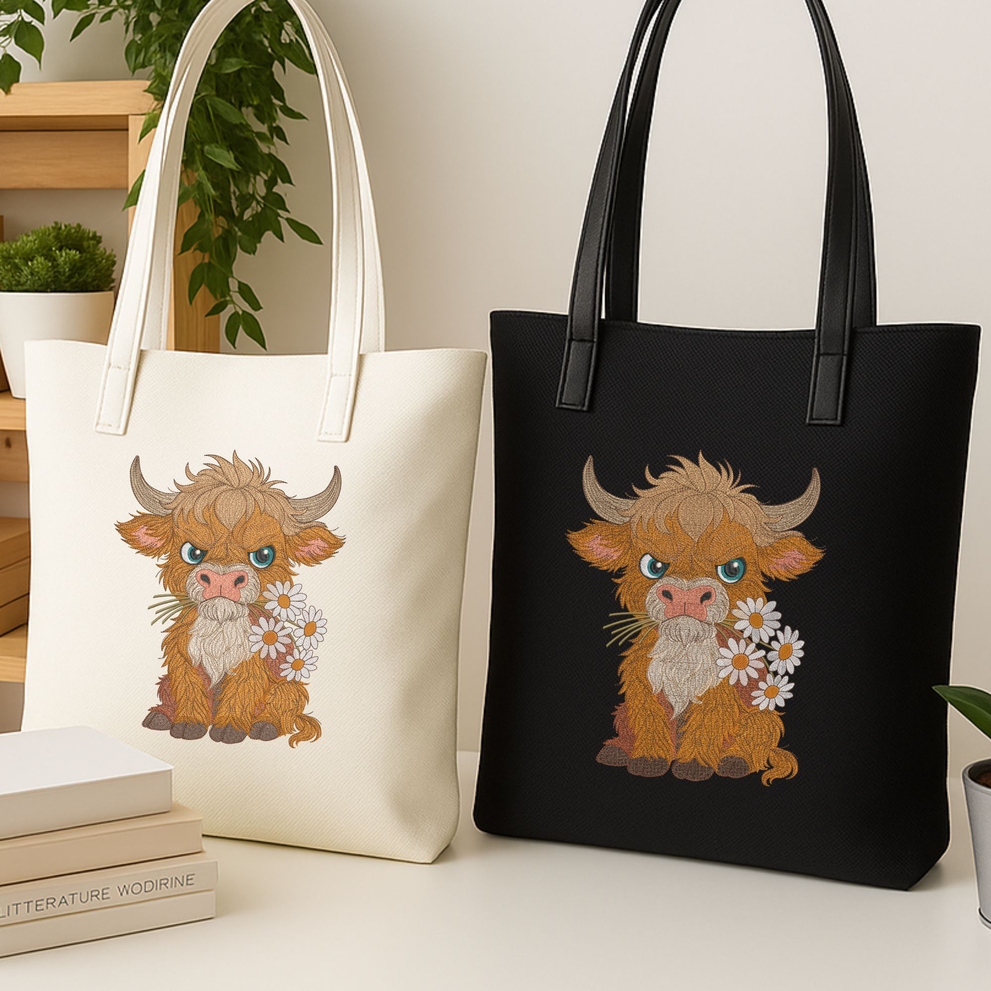 Grumpy Fluffy Highland Cow with Daisies-11