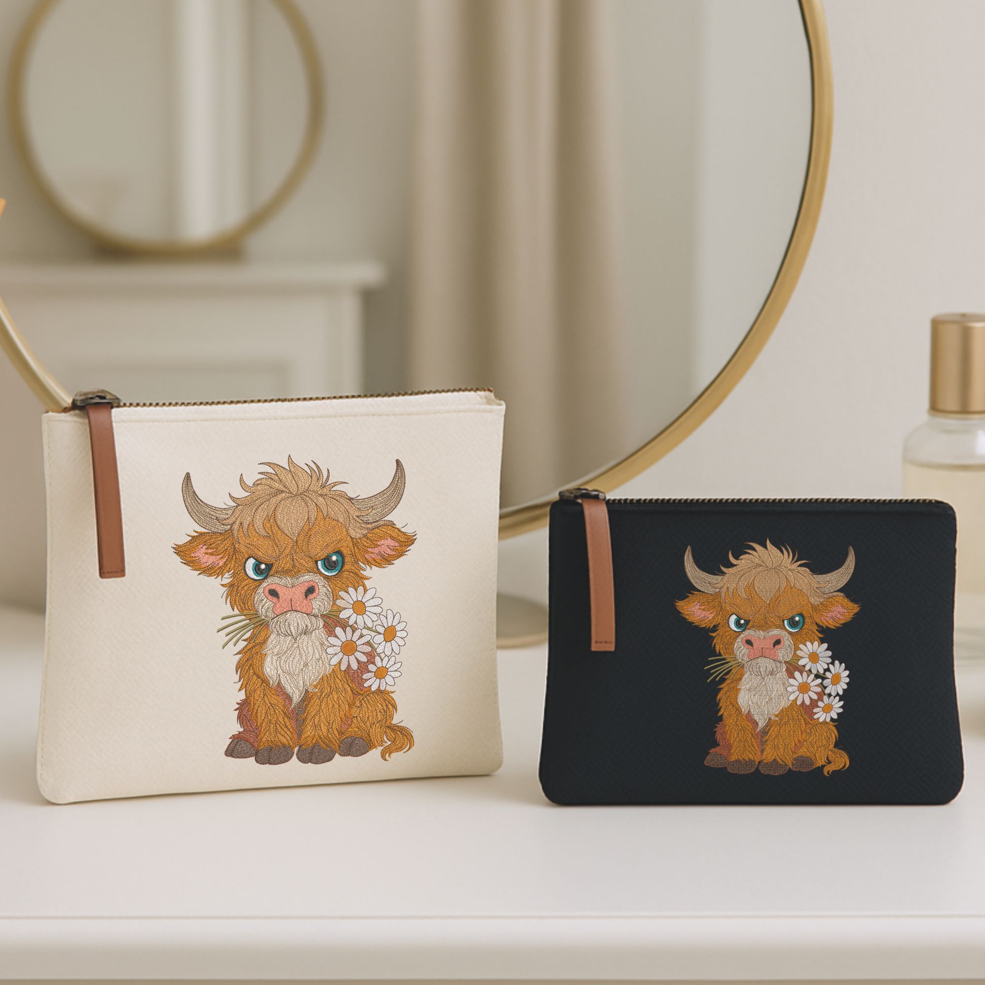 Grumpy Fluffy Highland Cow with Daisies-12