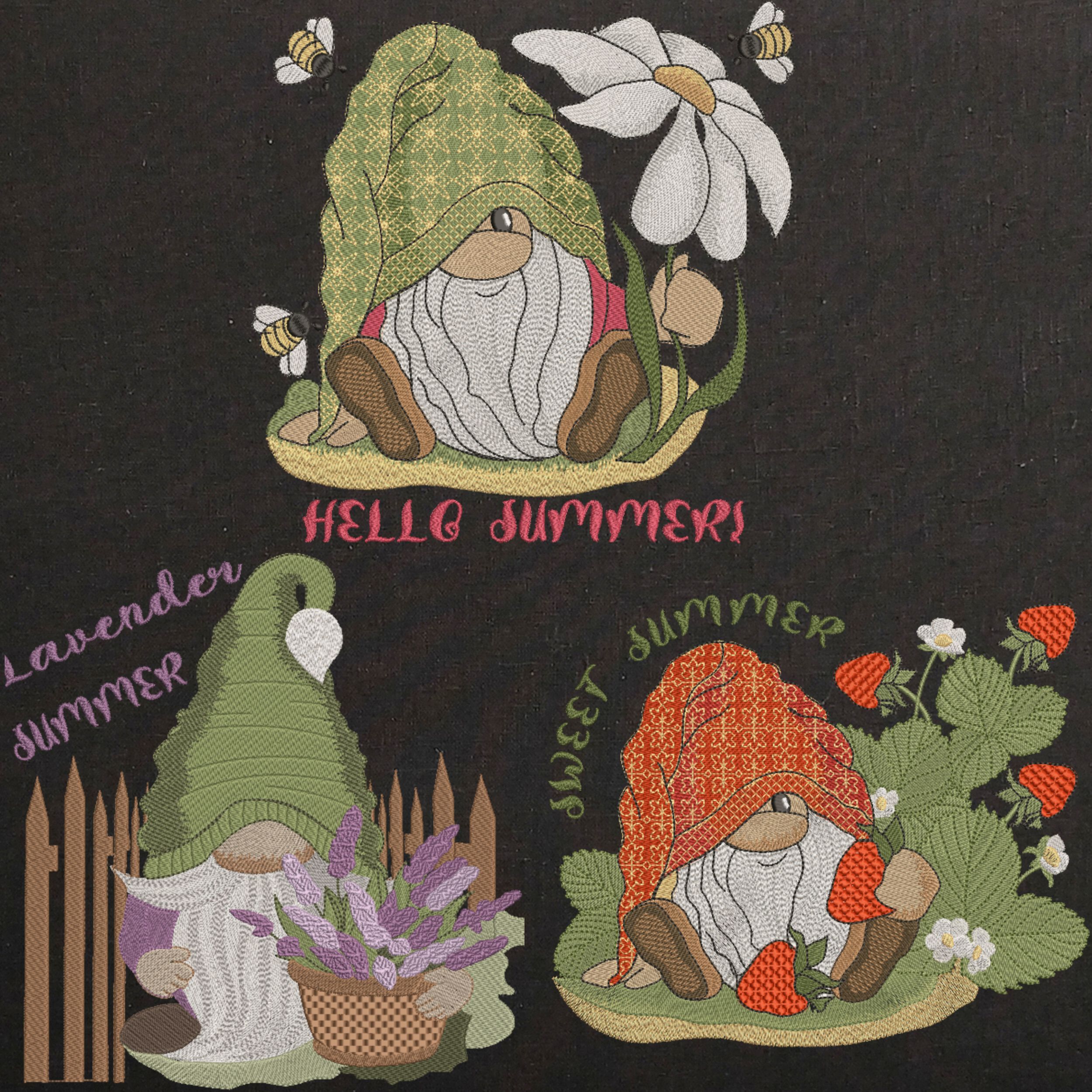 Set of 3 Cute Summer Gnome on Black-3
