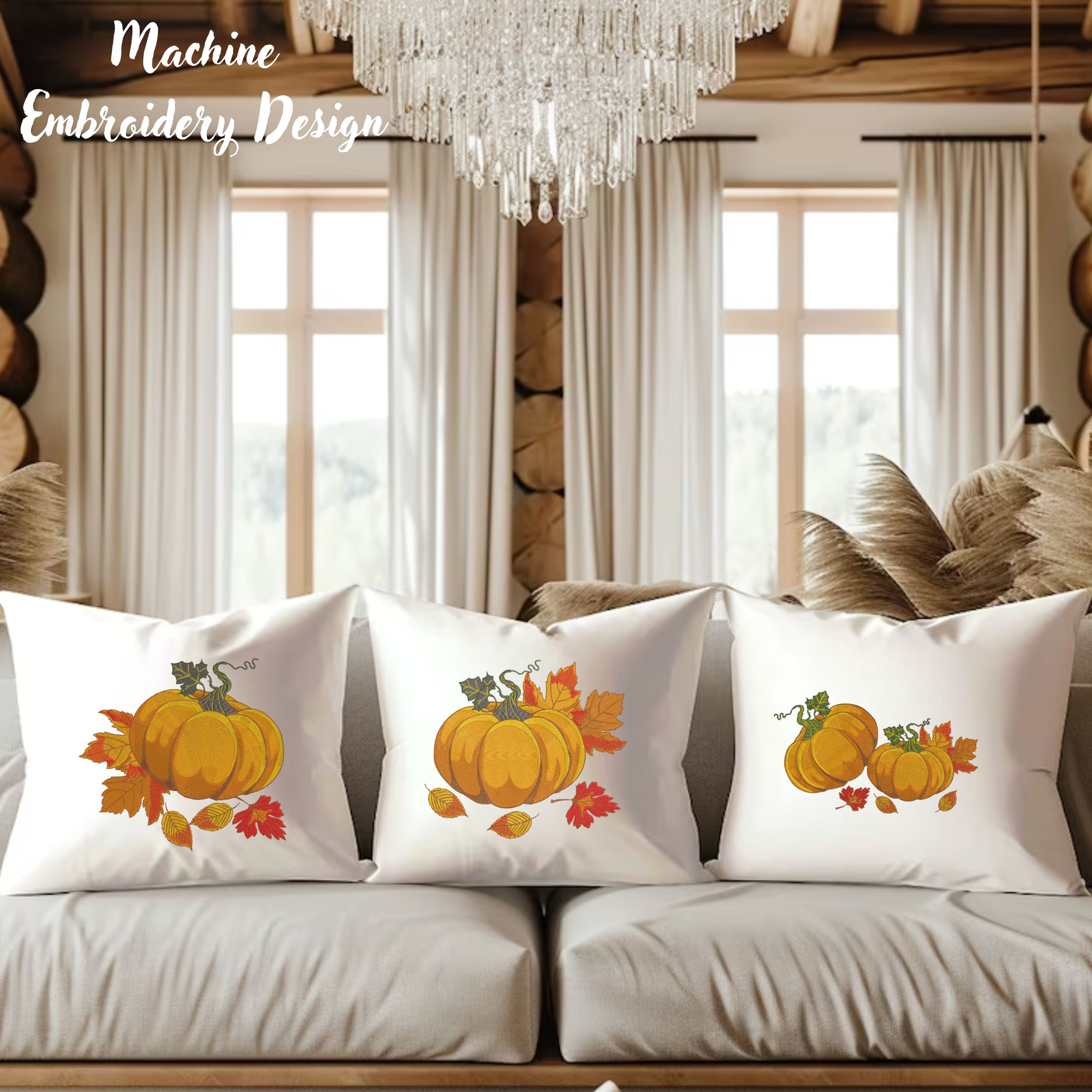 Set of 3 Orange Pumpkin with Fall Leaves-9