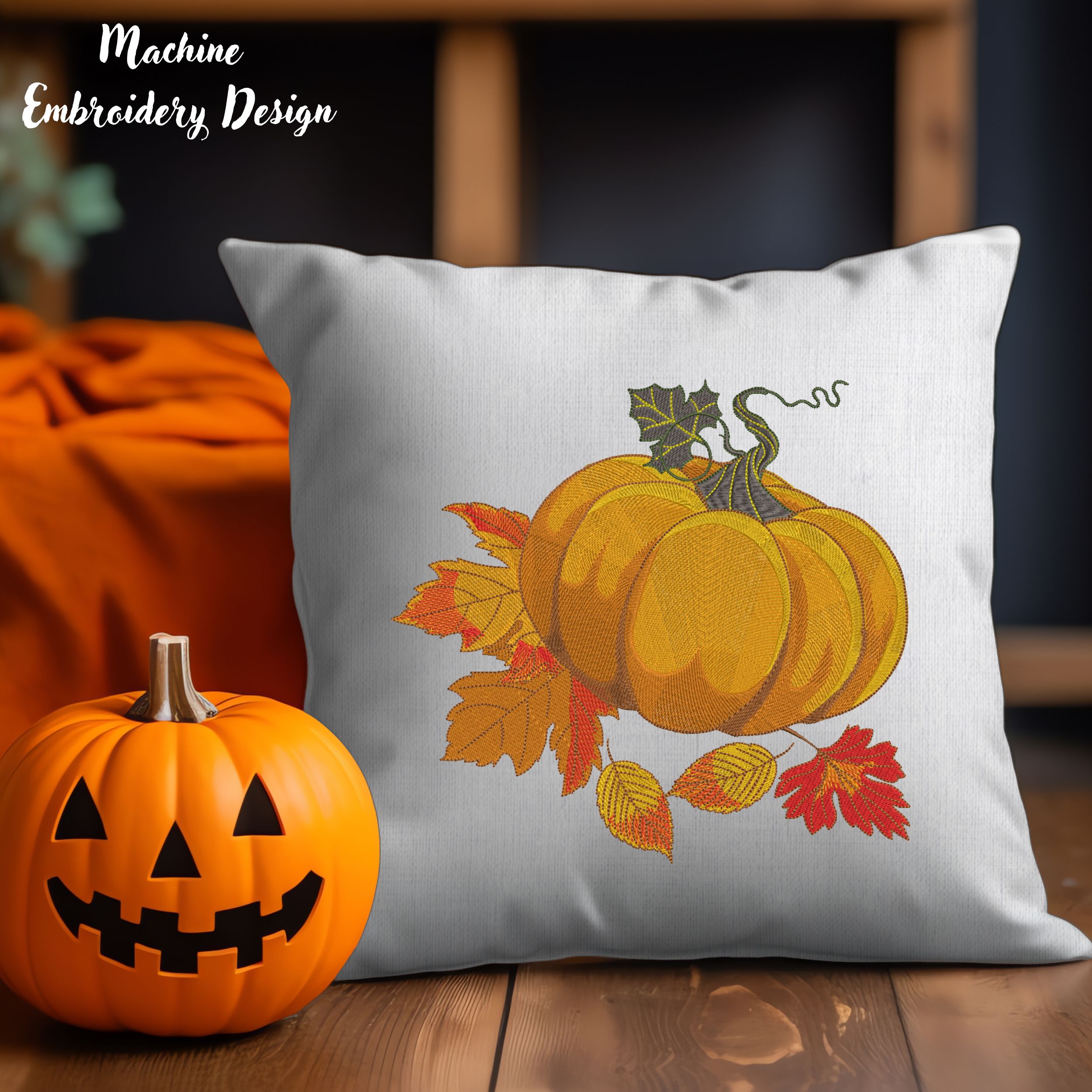 Orange Pumpkin with Fall Leaves-6