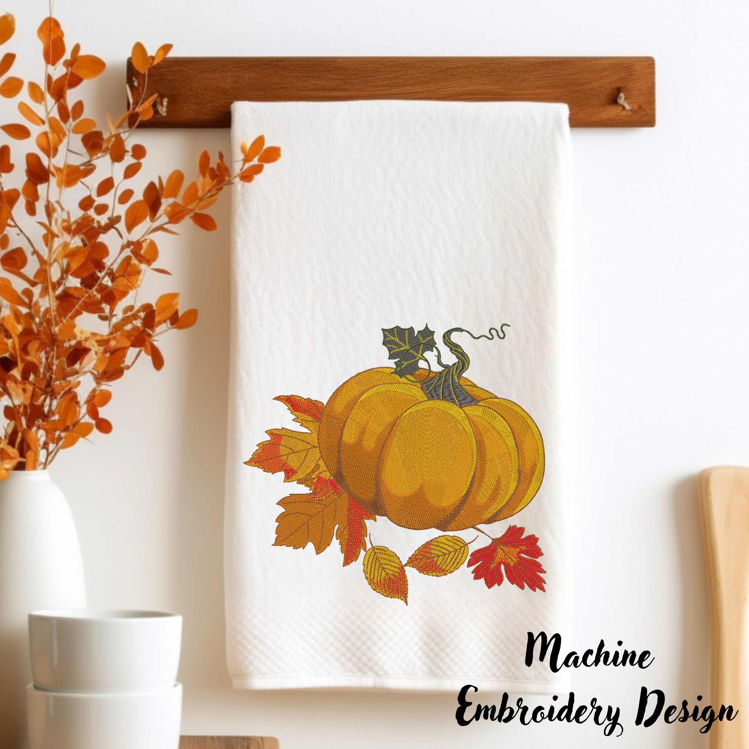 Orange Pumpkin with Fall Leaves-7
