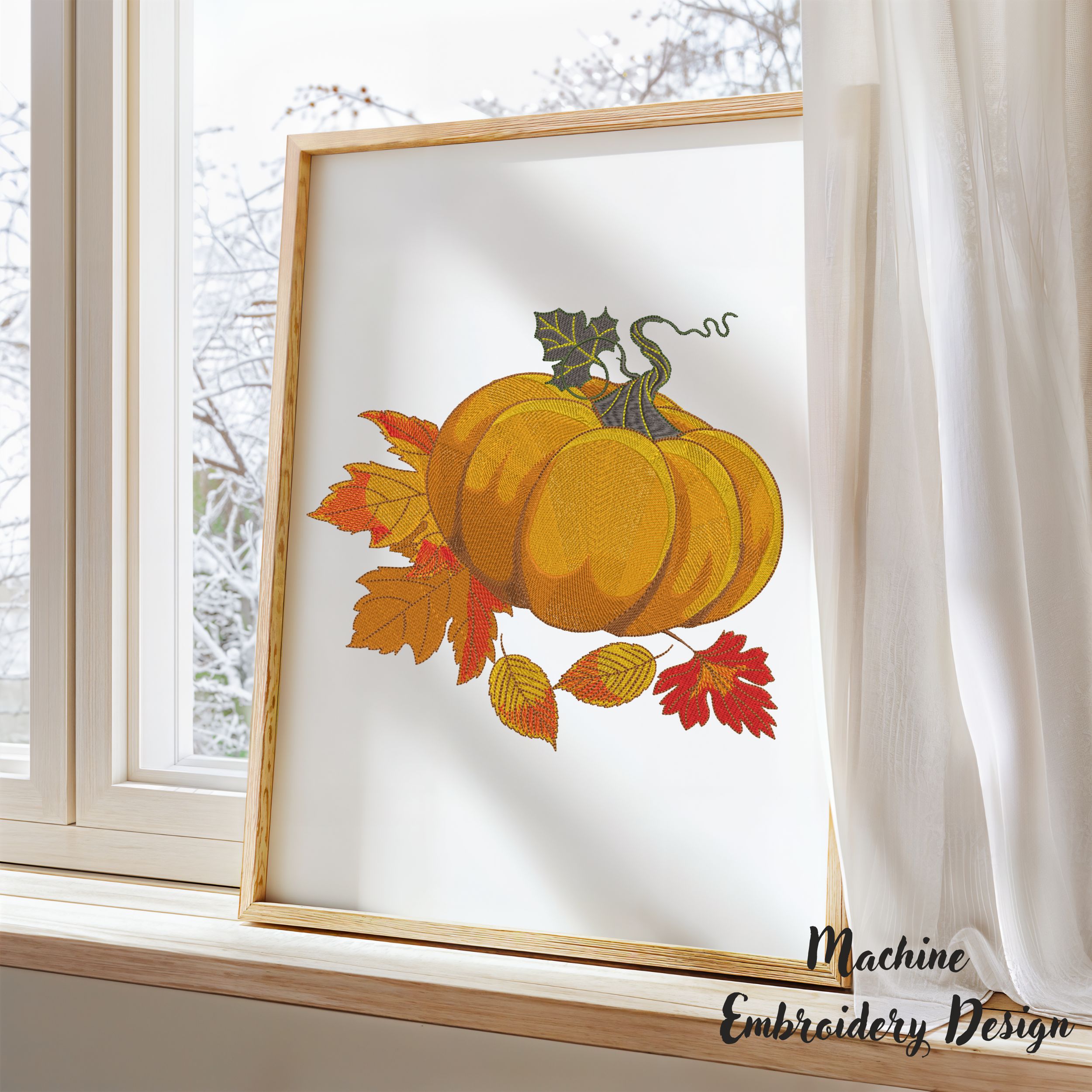 Orange Pumpkin with Fall Leaves-12