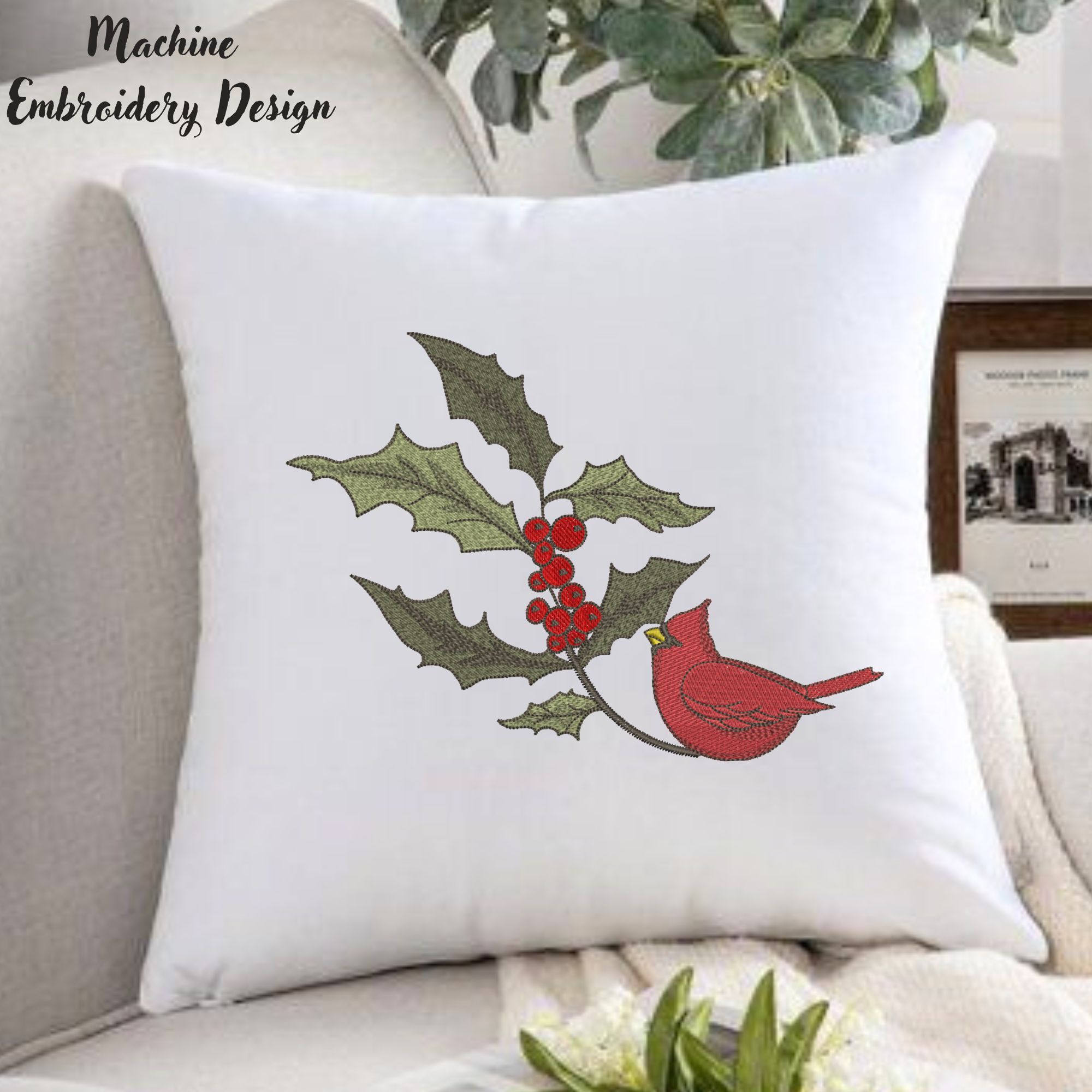 Christmas Cardinal on Holly Branch-6