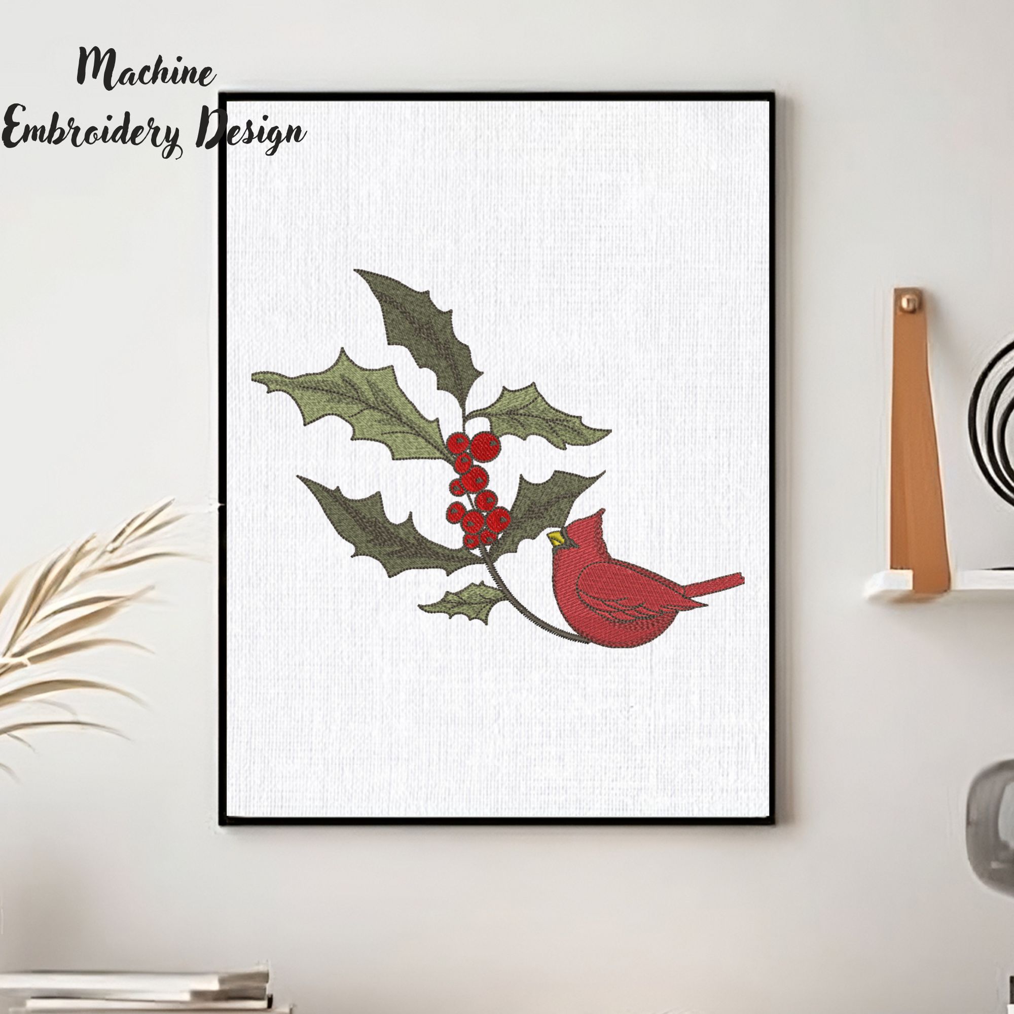 Christmas Cardinal on Holly Branch-11