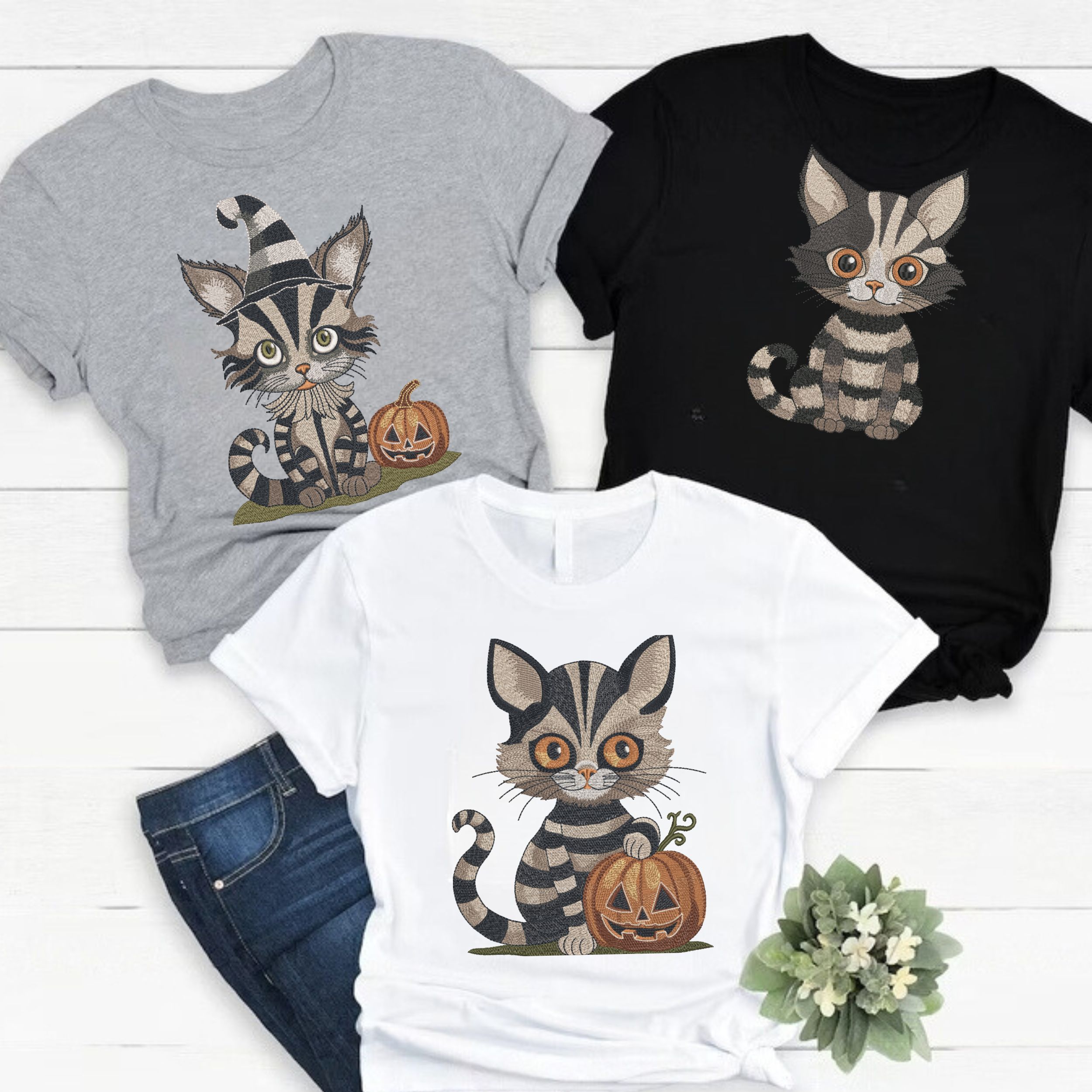Set of 4 Striped Halloween Vintage Gothic Cat-11