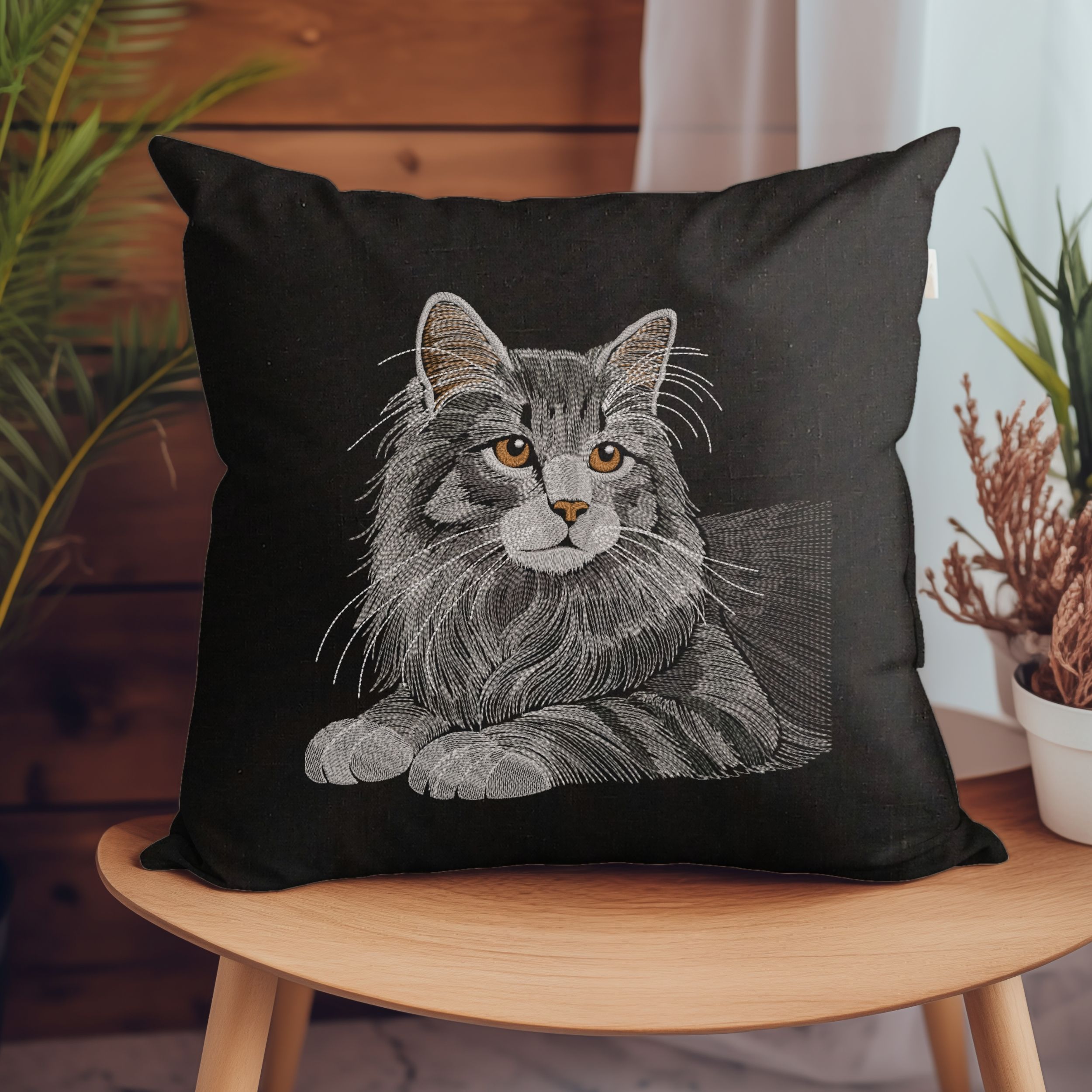 Realistic Long-Haired Fluffy Cat Portrait in Monochrome-5