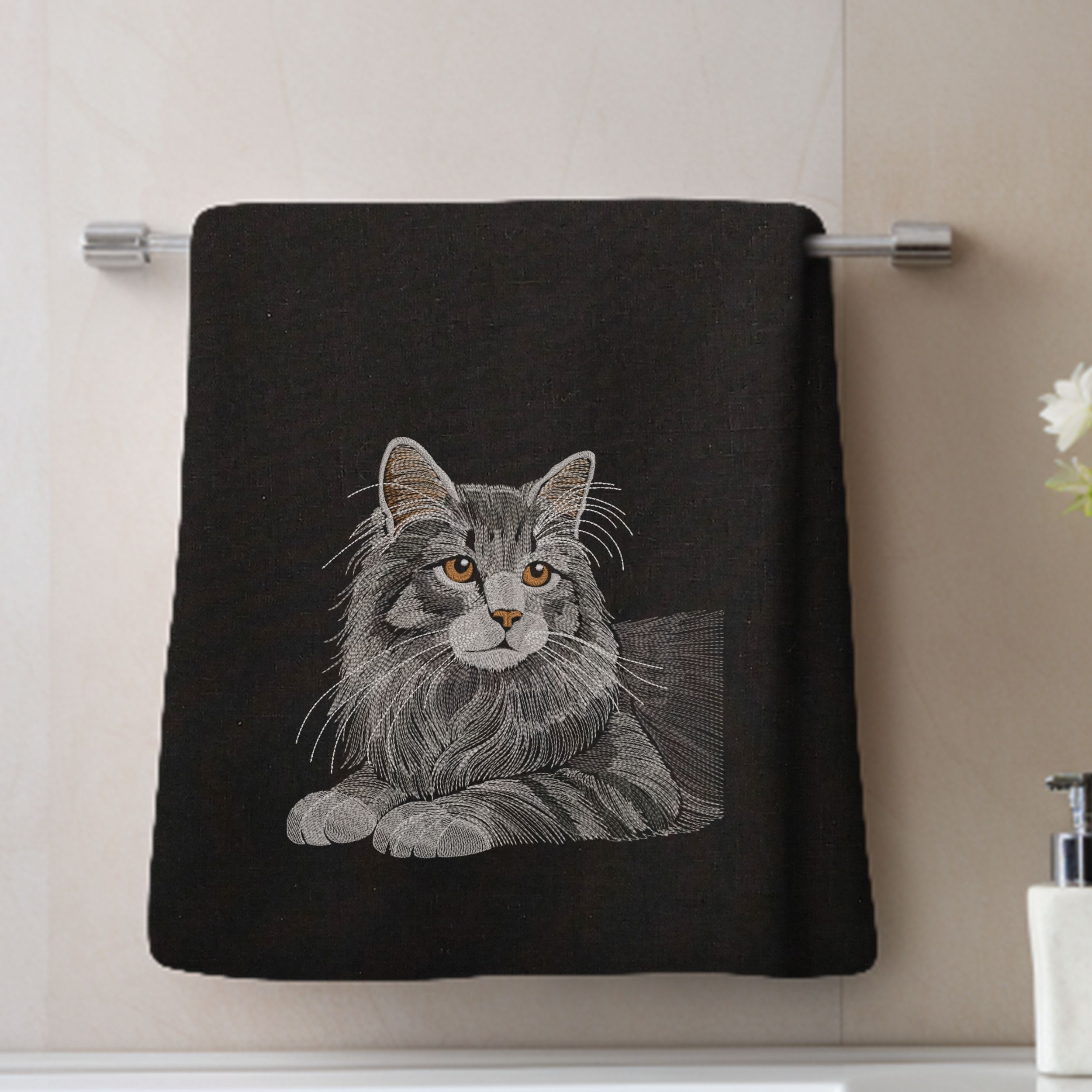 Realistic Long-Haired Fluffy Cat Portrait in Monochrome-7