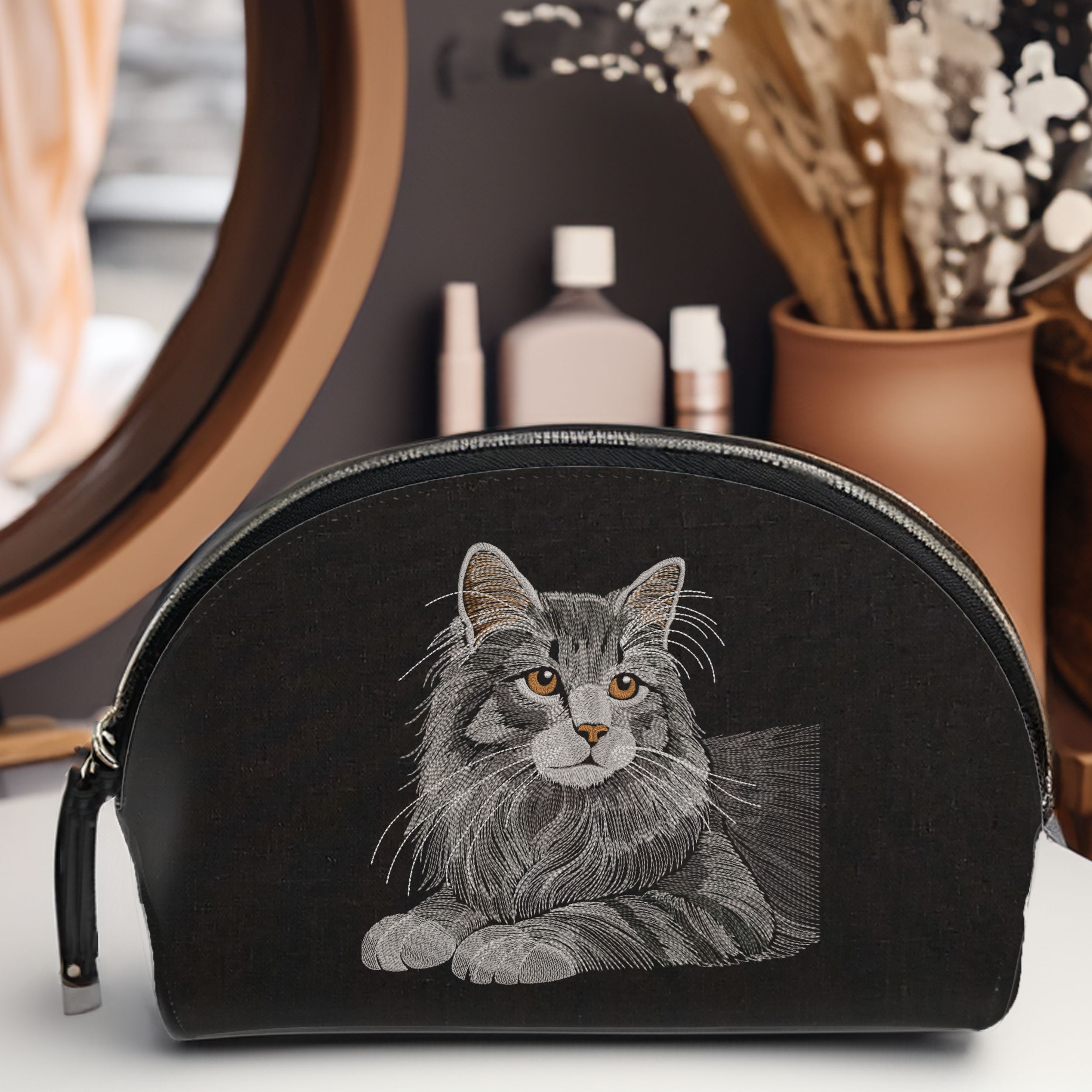Realistic Long-Haired Fluffy Cat Portrait in Monochrome-8
