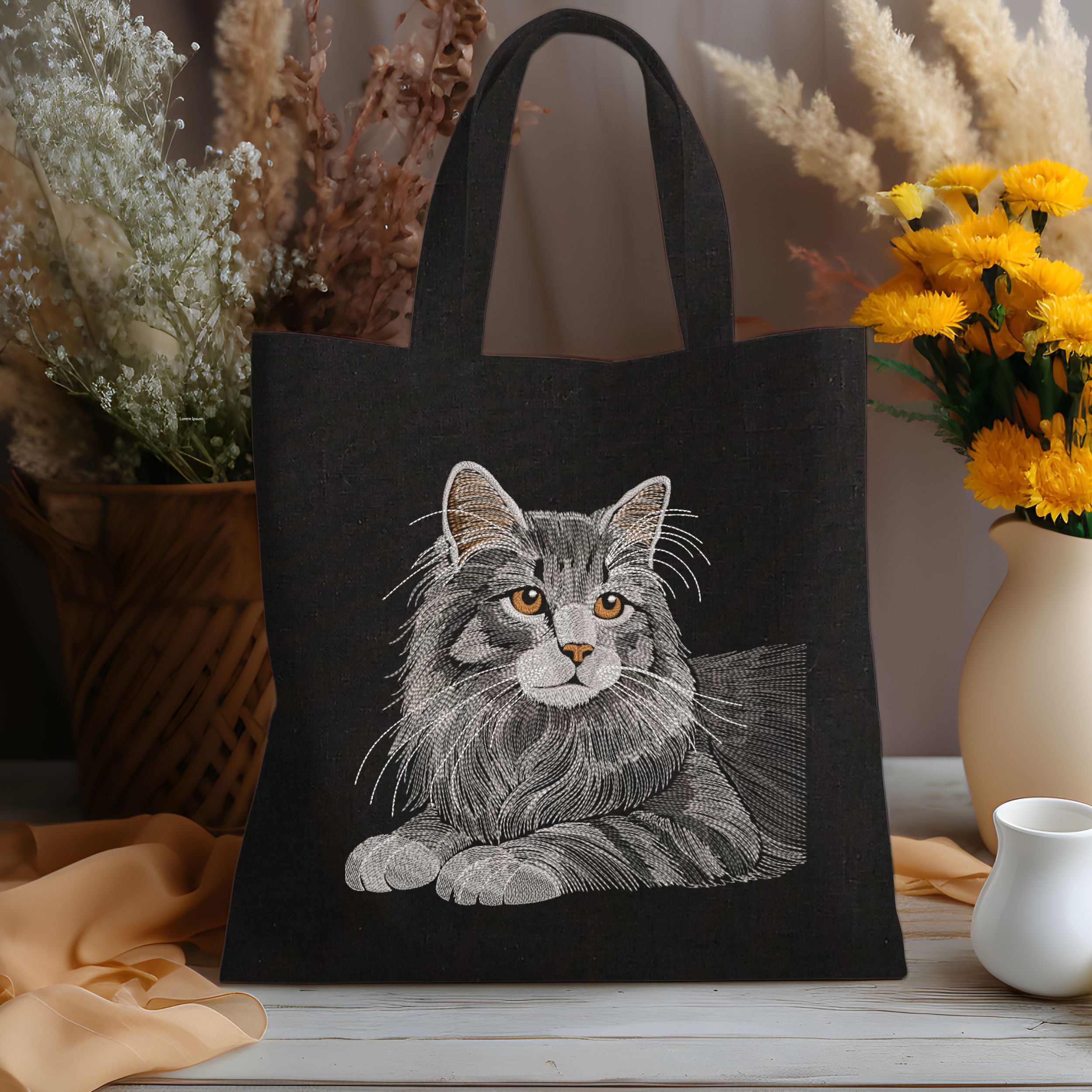 Realistic Long-Haired Fluffy Cat Portrait in Monochrome-9