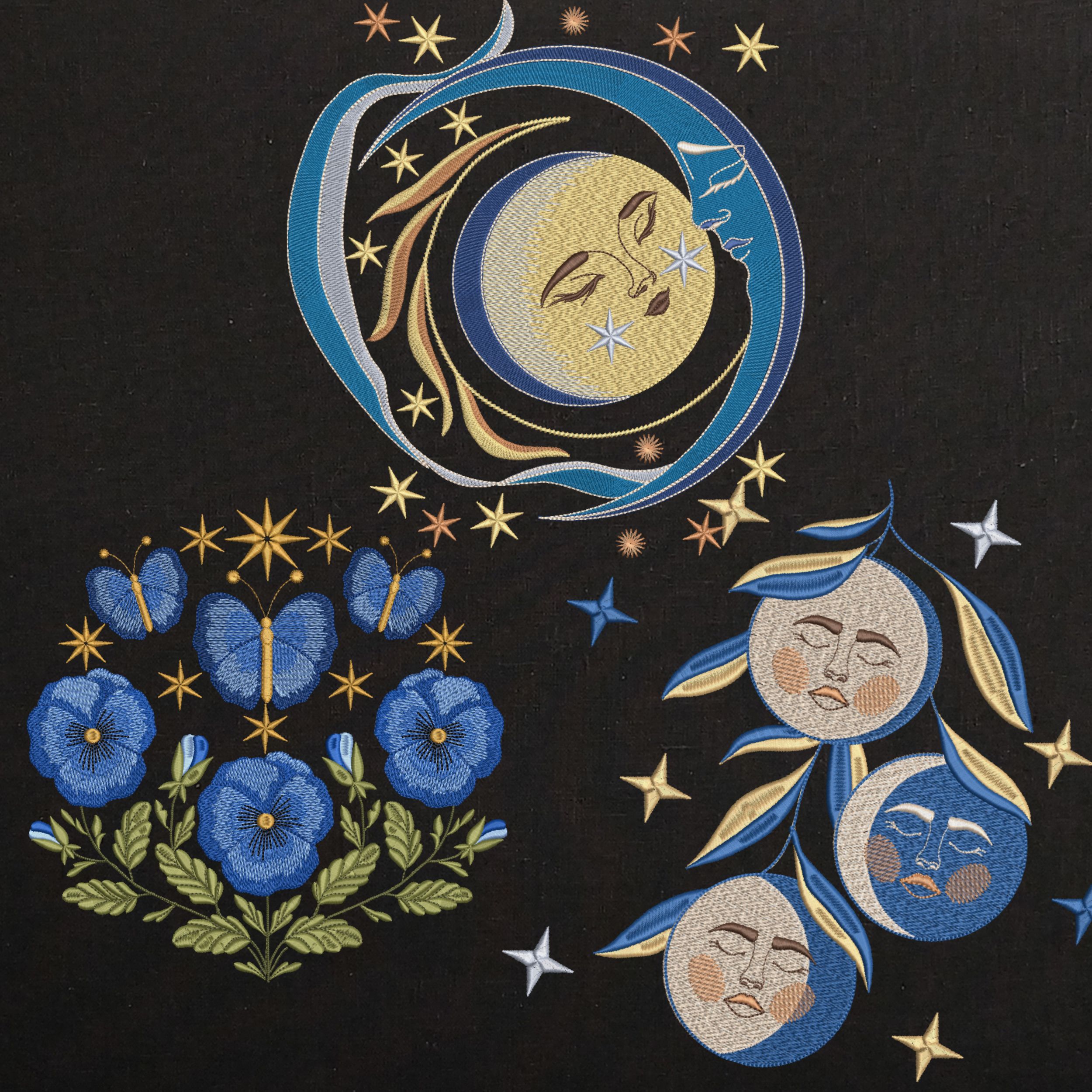 Celestial Moon Phases, Blue Floral Butterflies-5