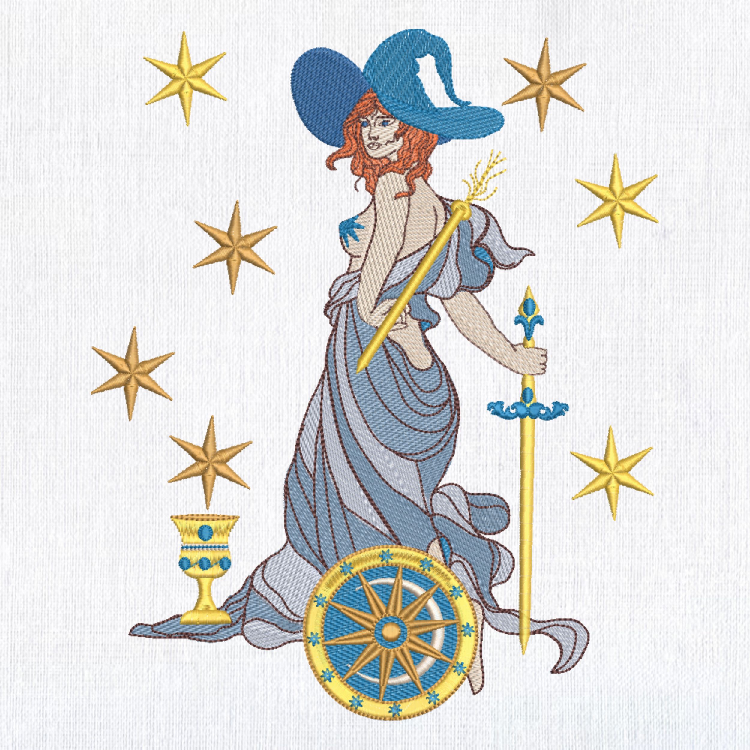 Wiccan Priestess, Wand Sword Chalice, Stars-4