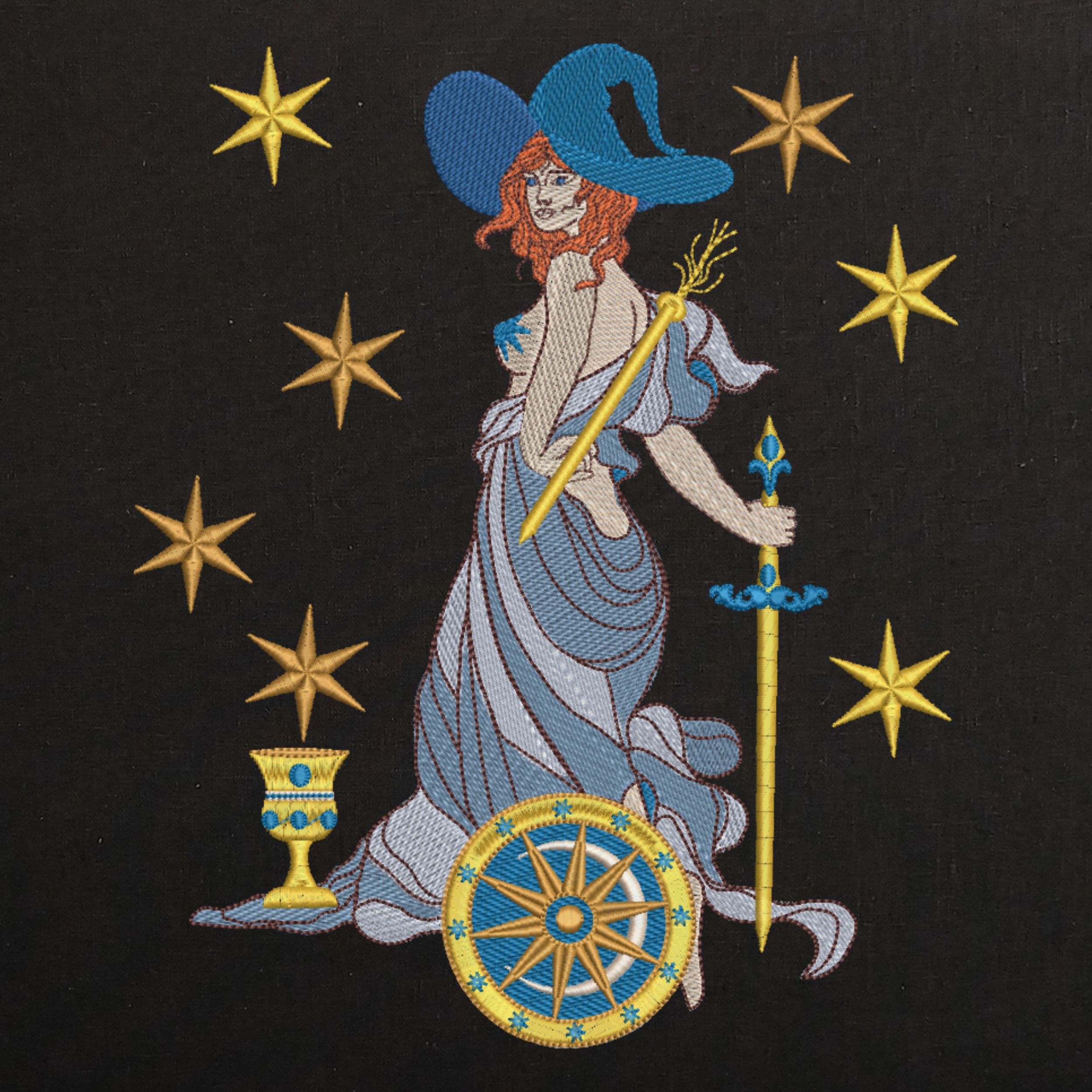 Wiccan Priestess, Wand Sword Chalice, Stars-5