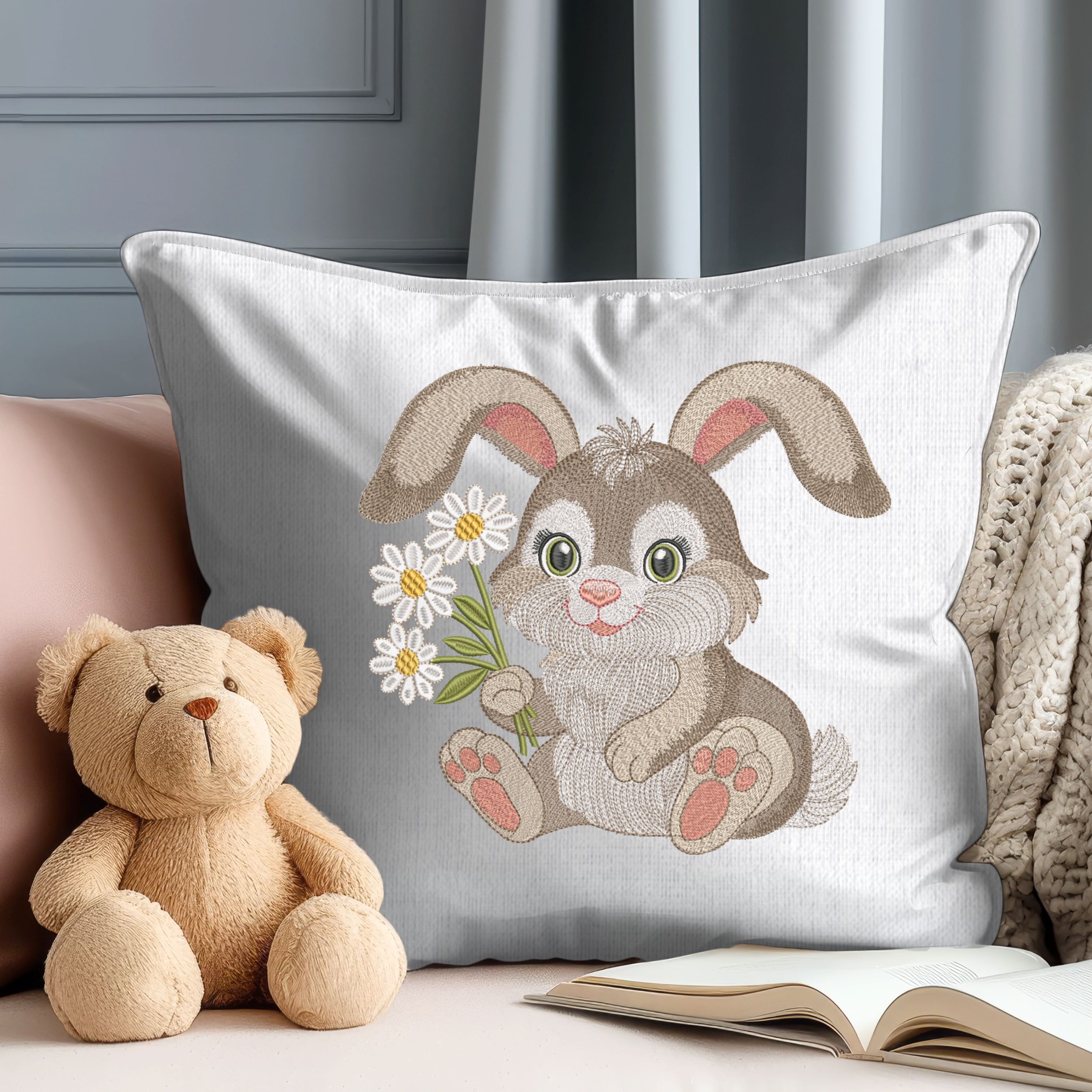 Cute Fluffy Bunny Holding Daisies-6