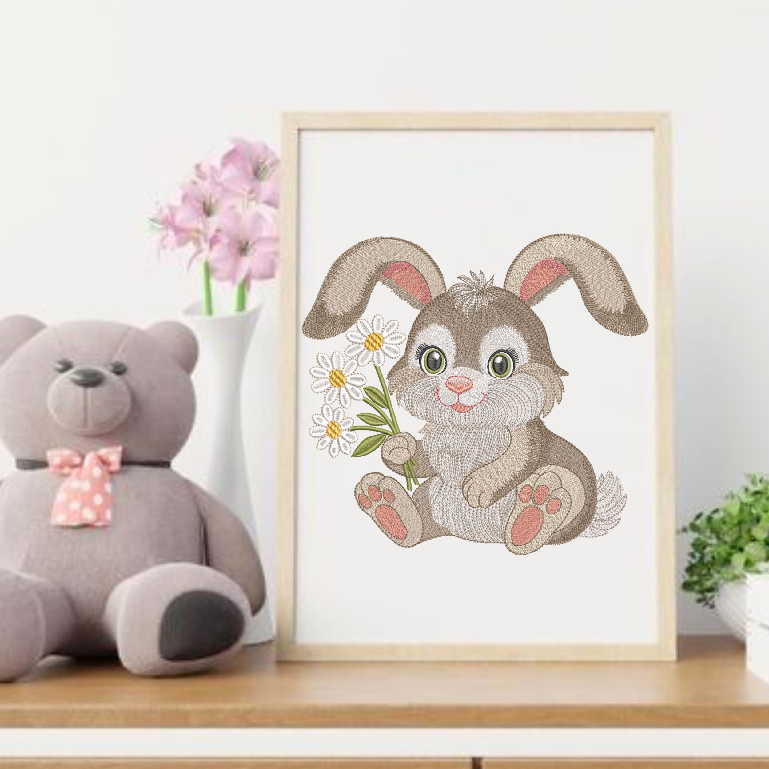 Cute Fluffy Bunny Holding Daisies-11