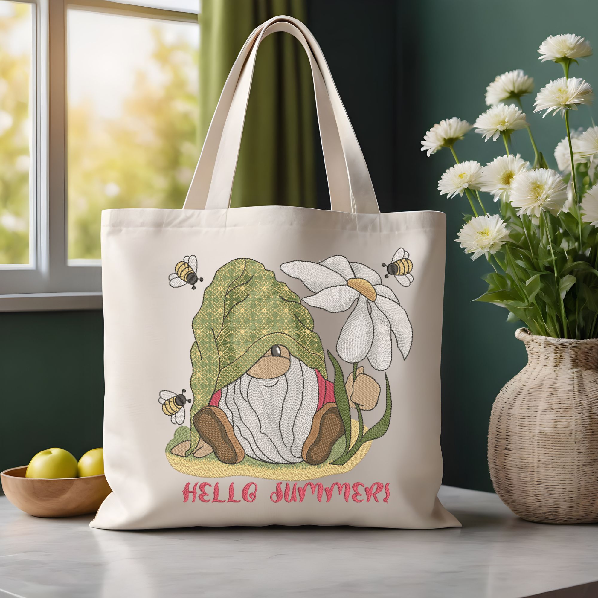 Cute Summer Gnome with Chamomile and Bees-11