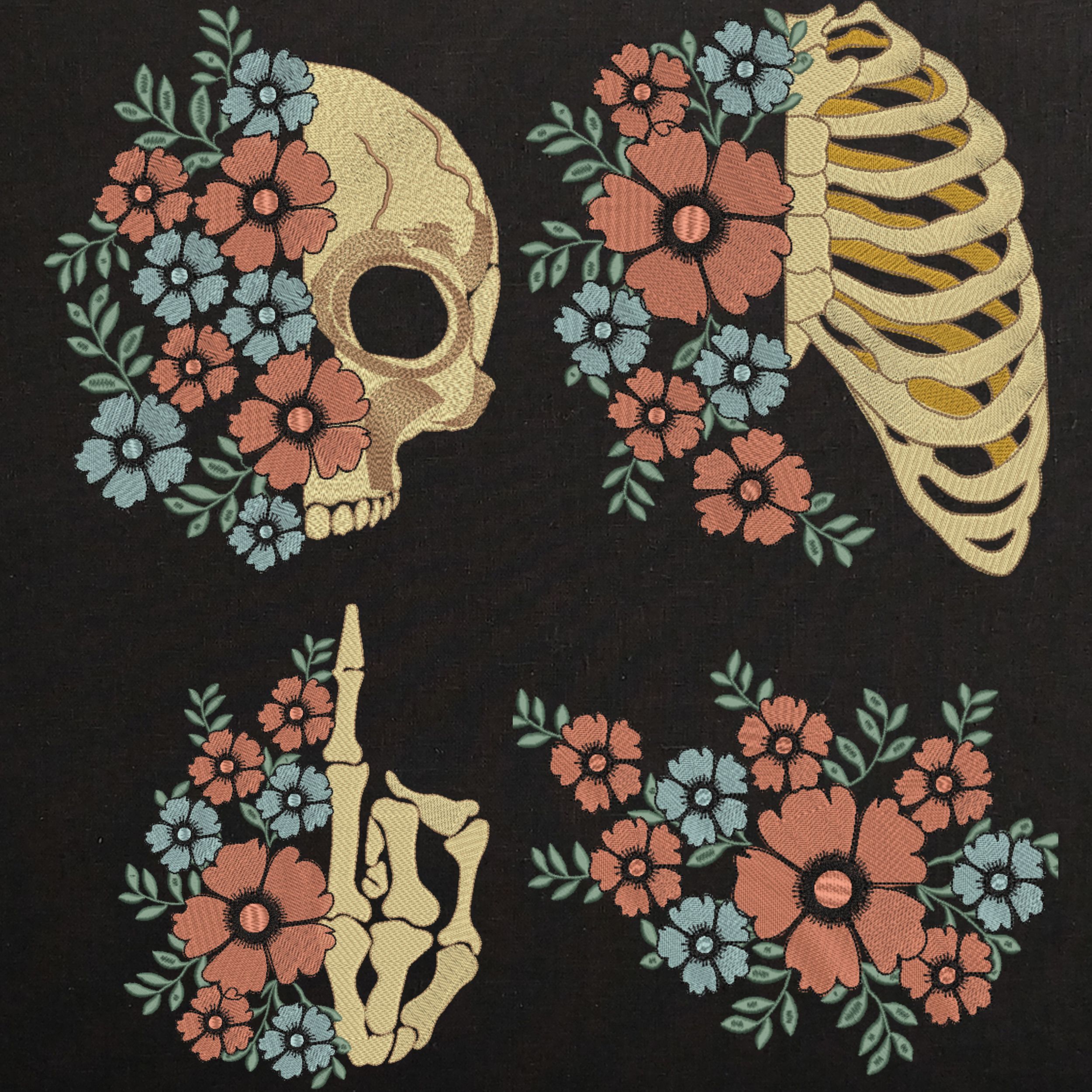 Set of 4 Skull with Flower-3