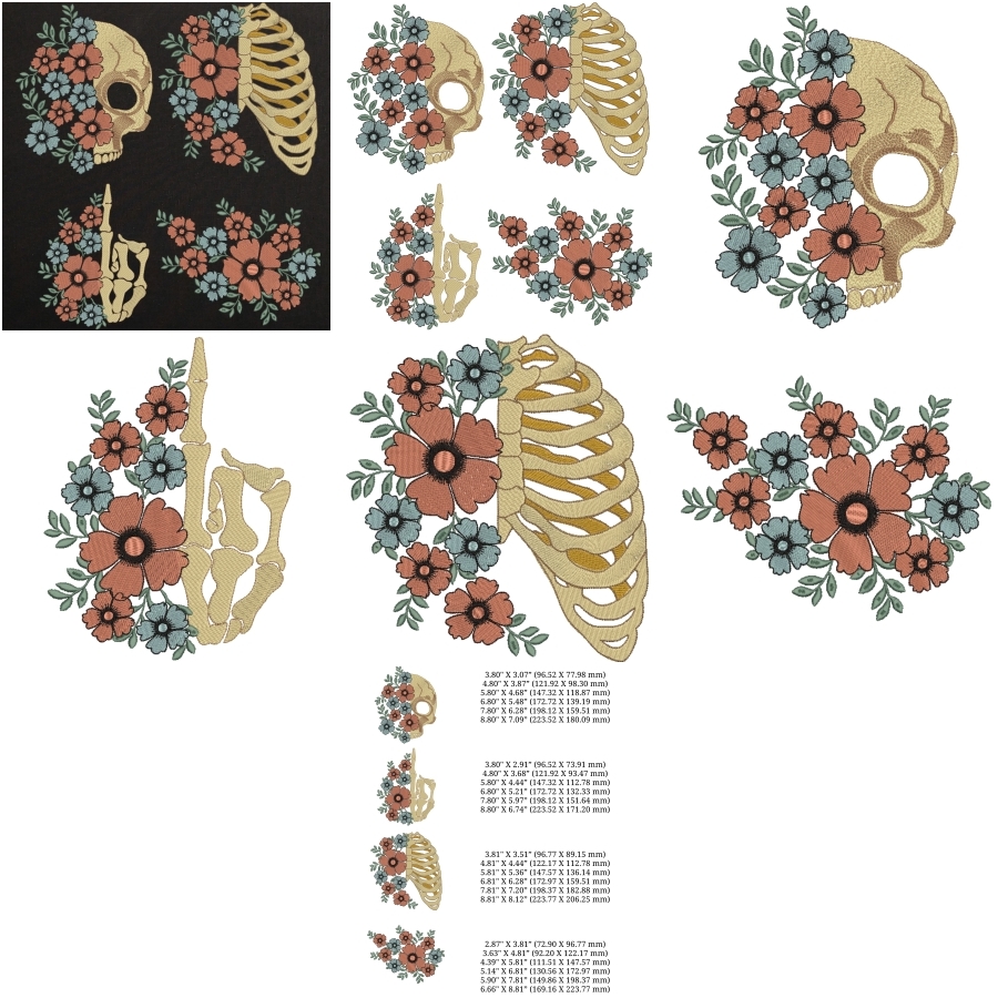 Set of 4 Skull with Flower