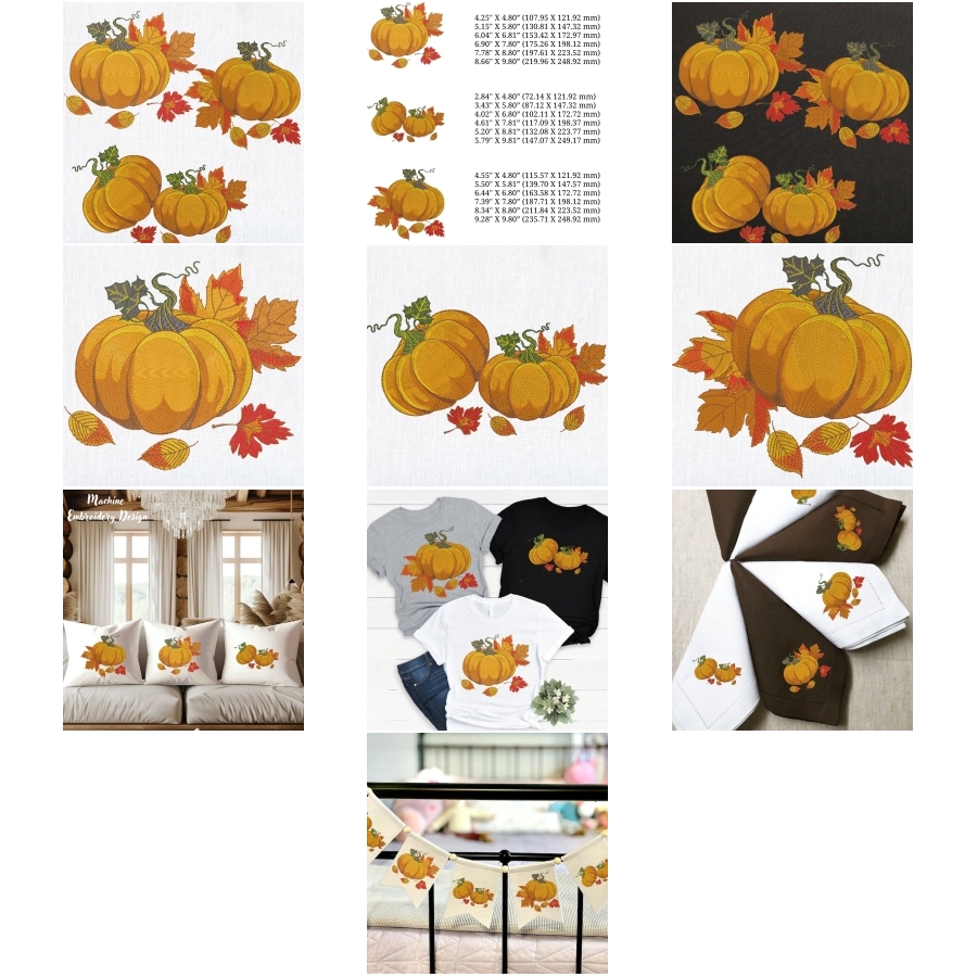 Set of 3 Orange Pumpkin with Fall Leaves