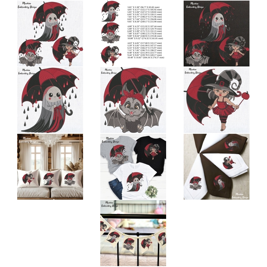 Set of 3 Cute Baby Ghost, Bat, Girl with Umbrella