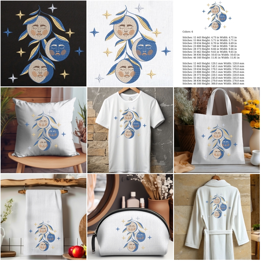 Mystical Celestial Moon Faces Stars and Leaves