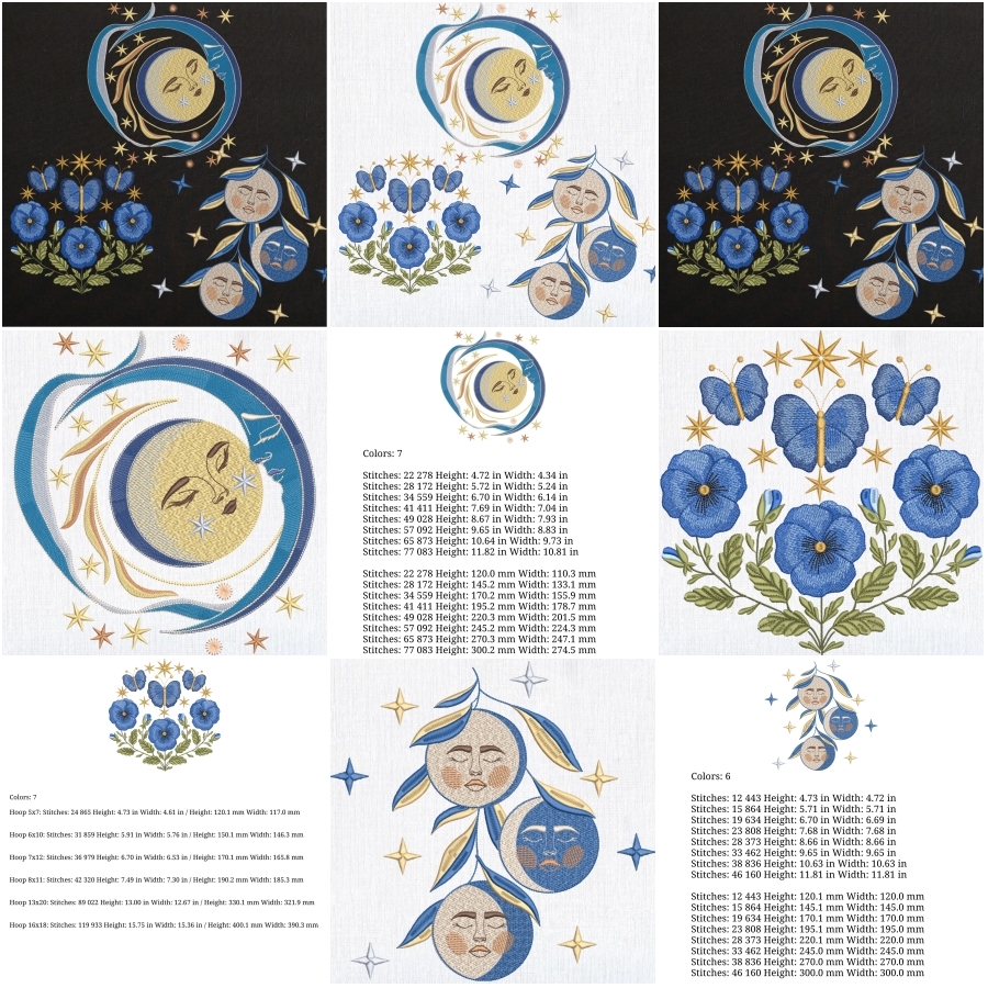 Celestial Moon Phases, Blue Floral Butterflies