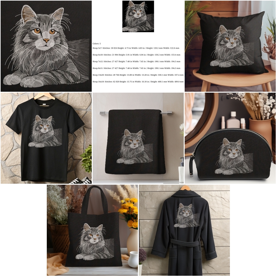 Realistic Long-Haired Fluffy Cat Portrait in Monochrome