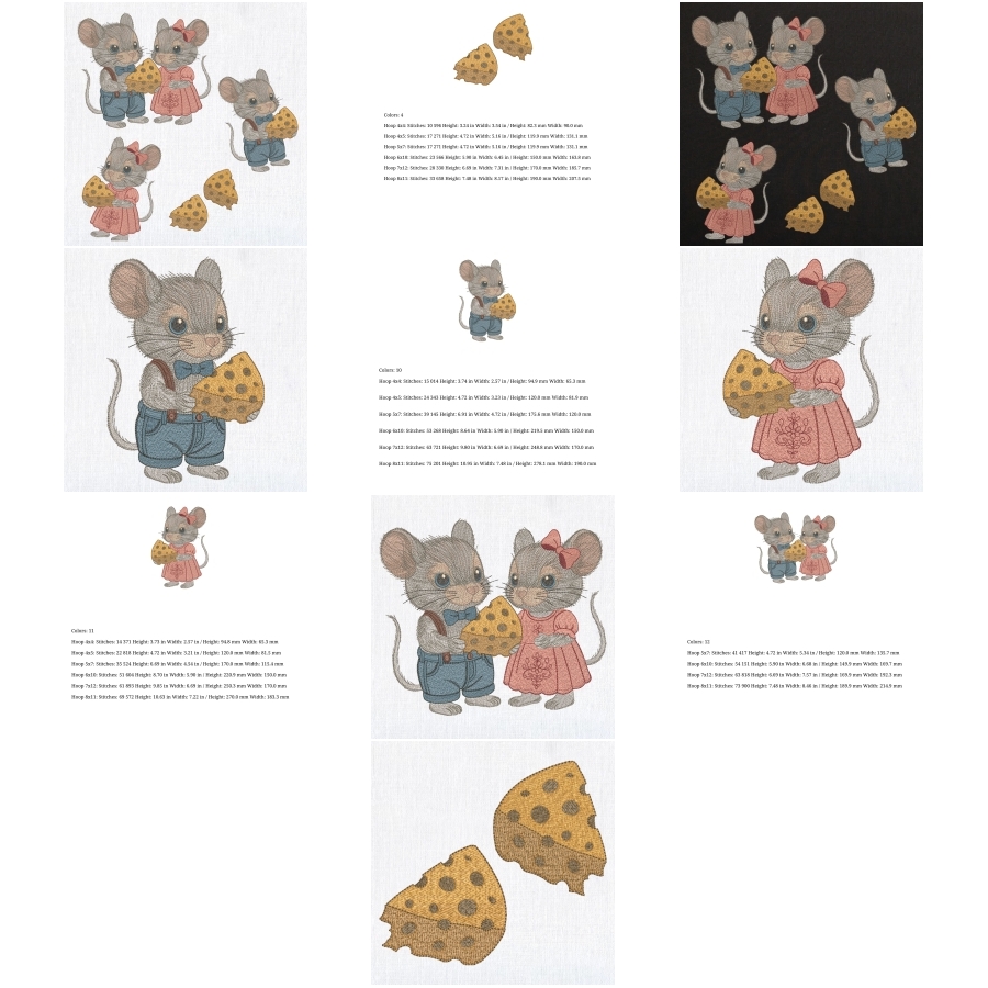 Set 4 Cute Baby Mice boy & girl with Cheese