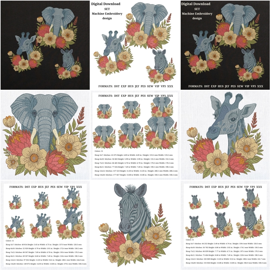 Elephant Giraffe Zebra Safari Boho Floral Style