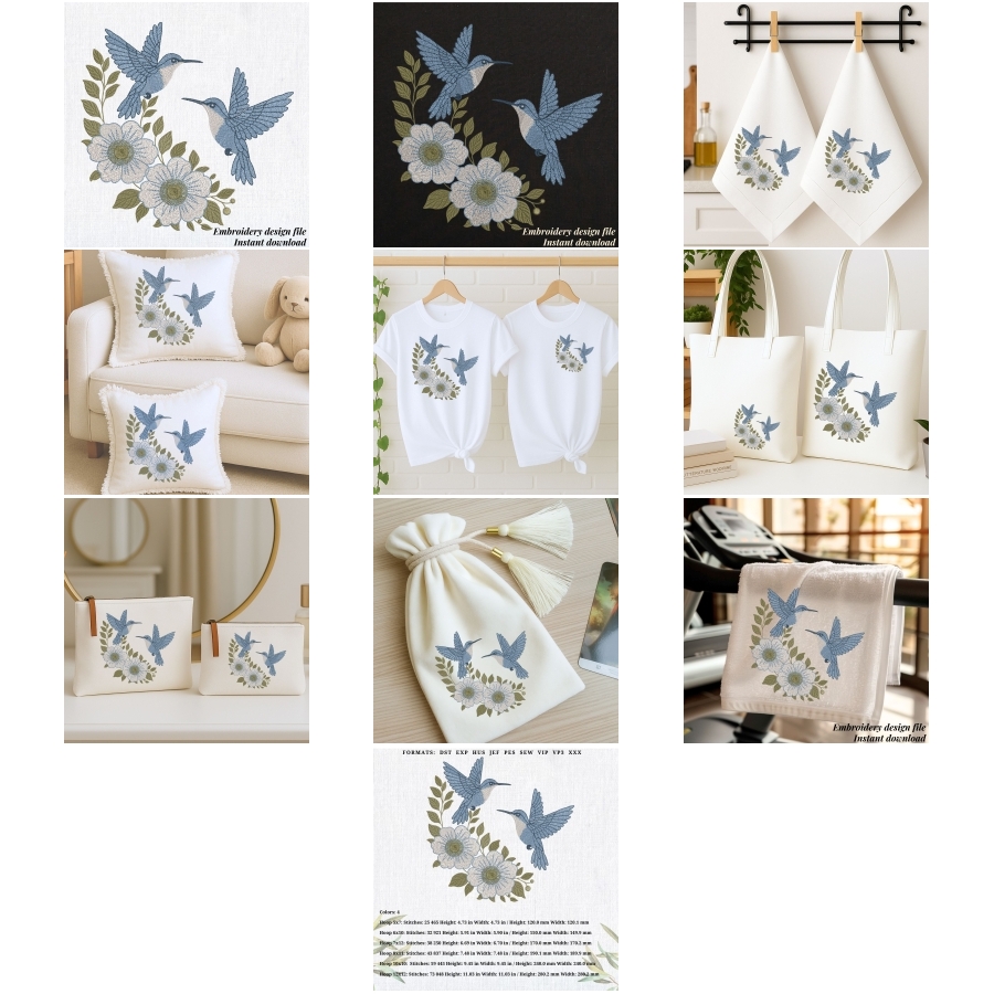 Blue Hummingbirds Flowes